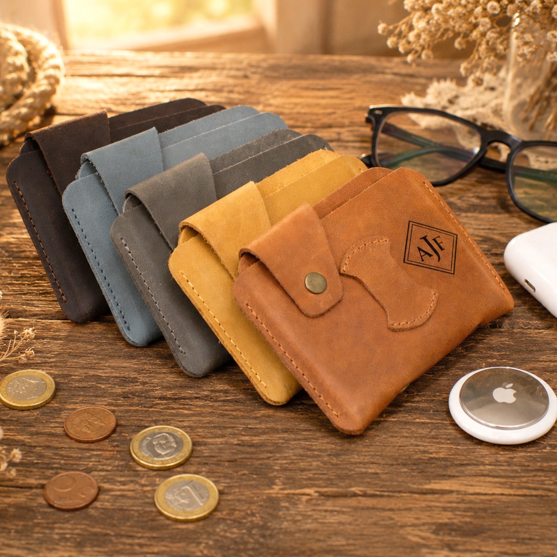 The Navigator leather wallet in use, secure tracker slim bifold