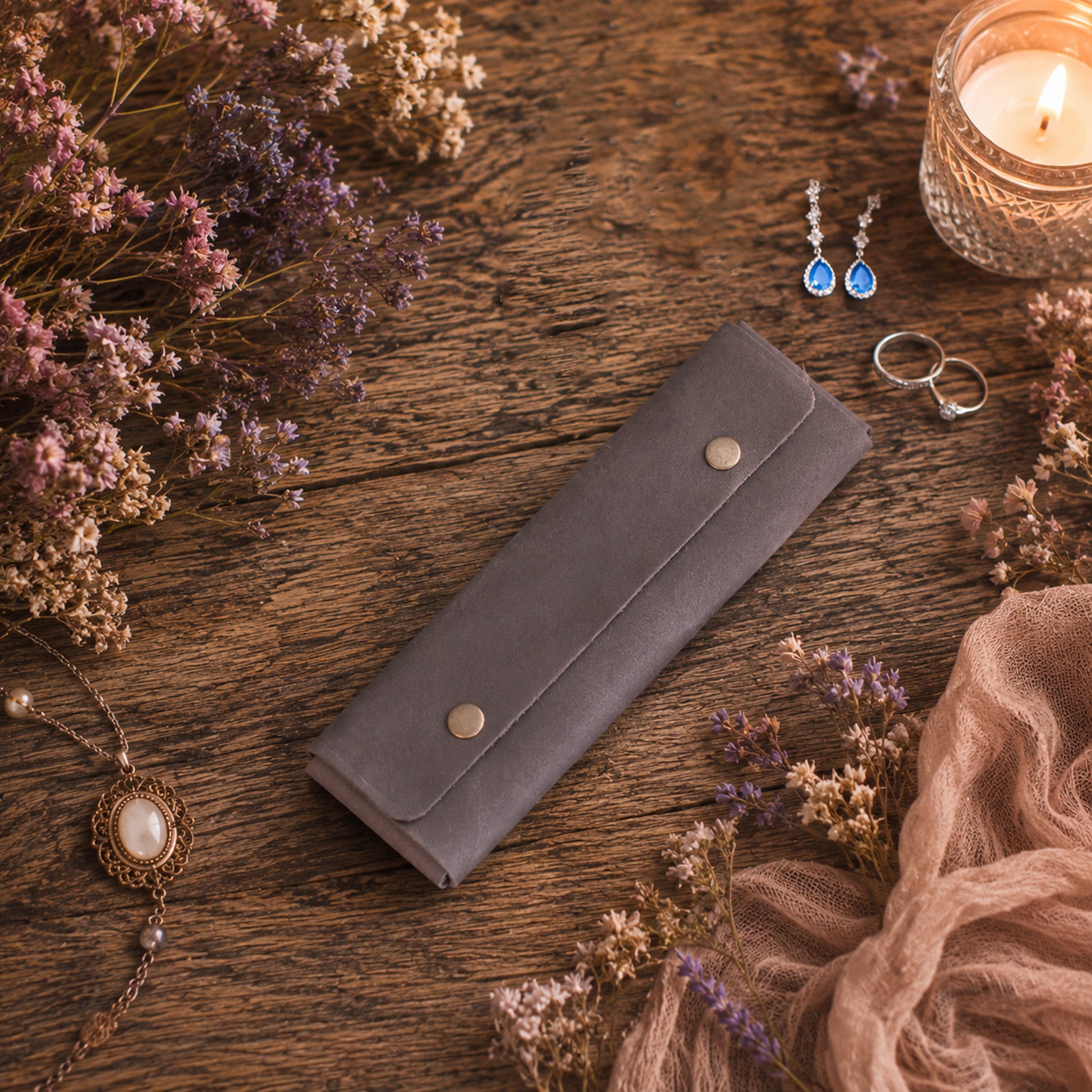 A dark gray velvet jewelry organizer case with snap buttons, styled on a rustic wooden table surrounded by dried flowers, a lit candle, rings, and a necklace.