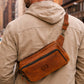 Leather sling bag color options – brown and tan, handcrafted
