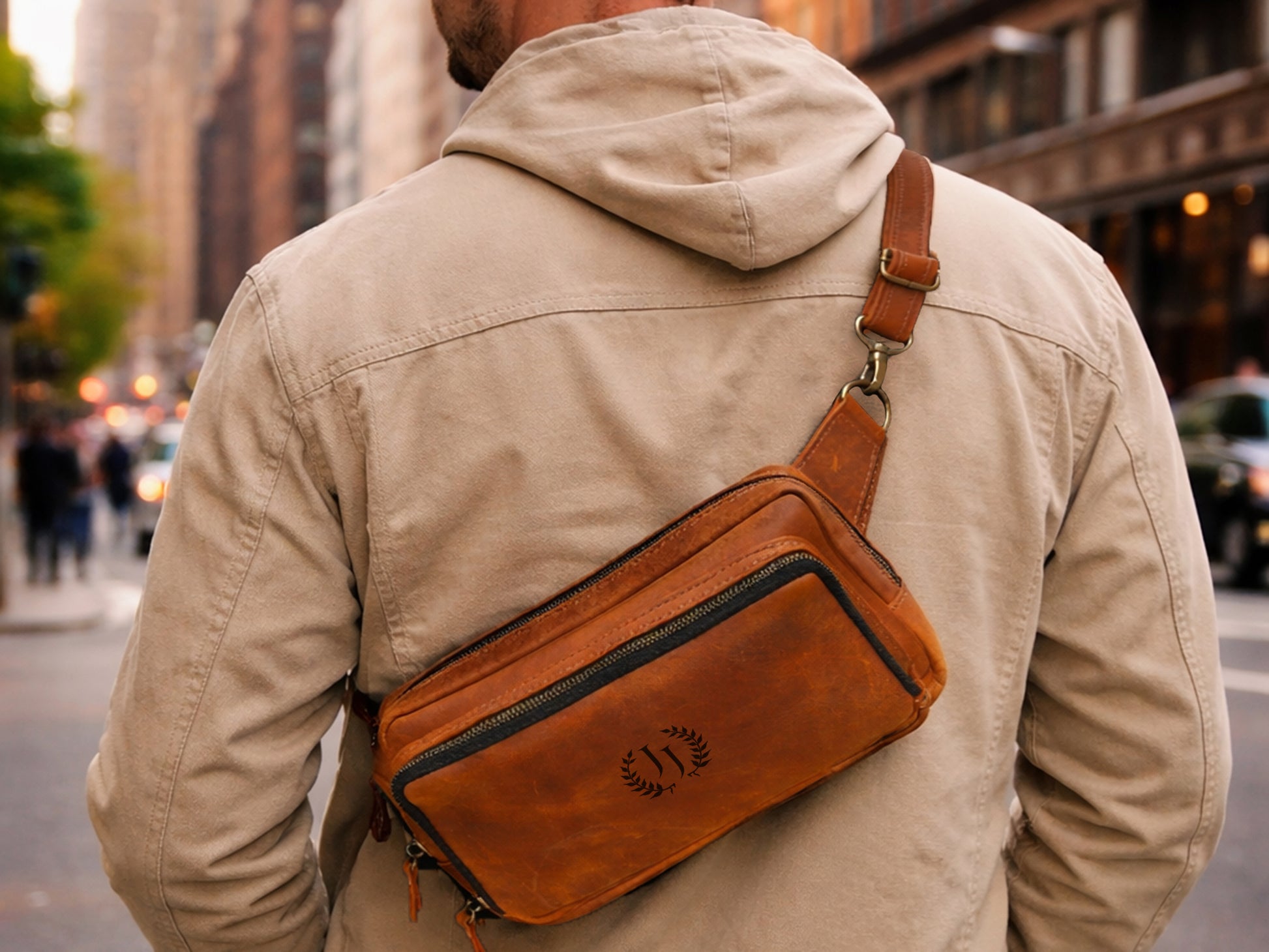 Leather sling bag color options – brown and tan, handcrafted