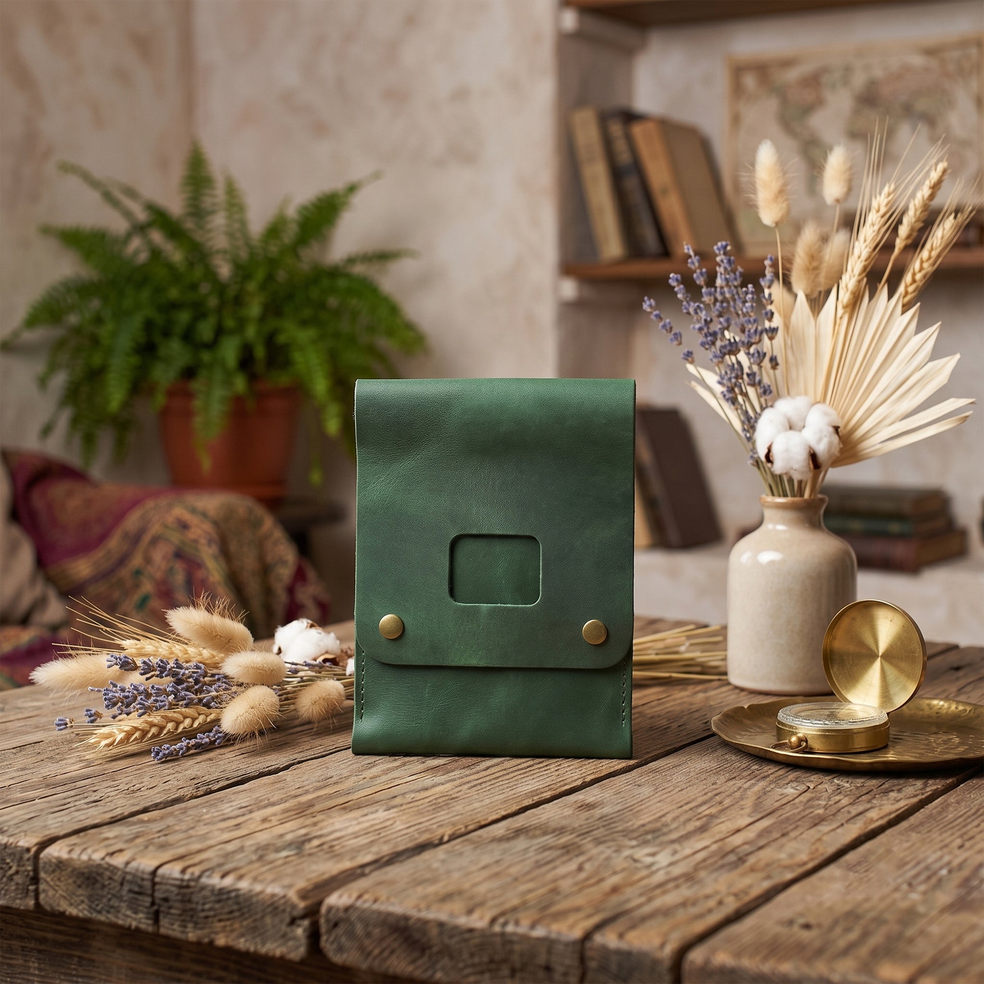 A dark green leather pouch with brass snap buttons and a square cutout, displayed on a rustic wooden table surrounded by dried flowers, a potted fern, and books in the background.
