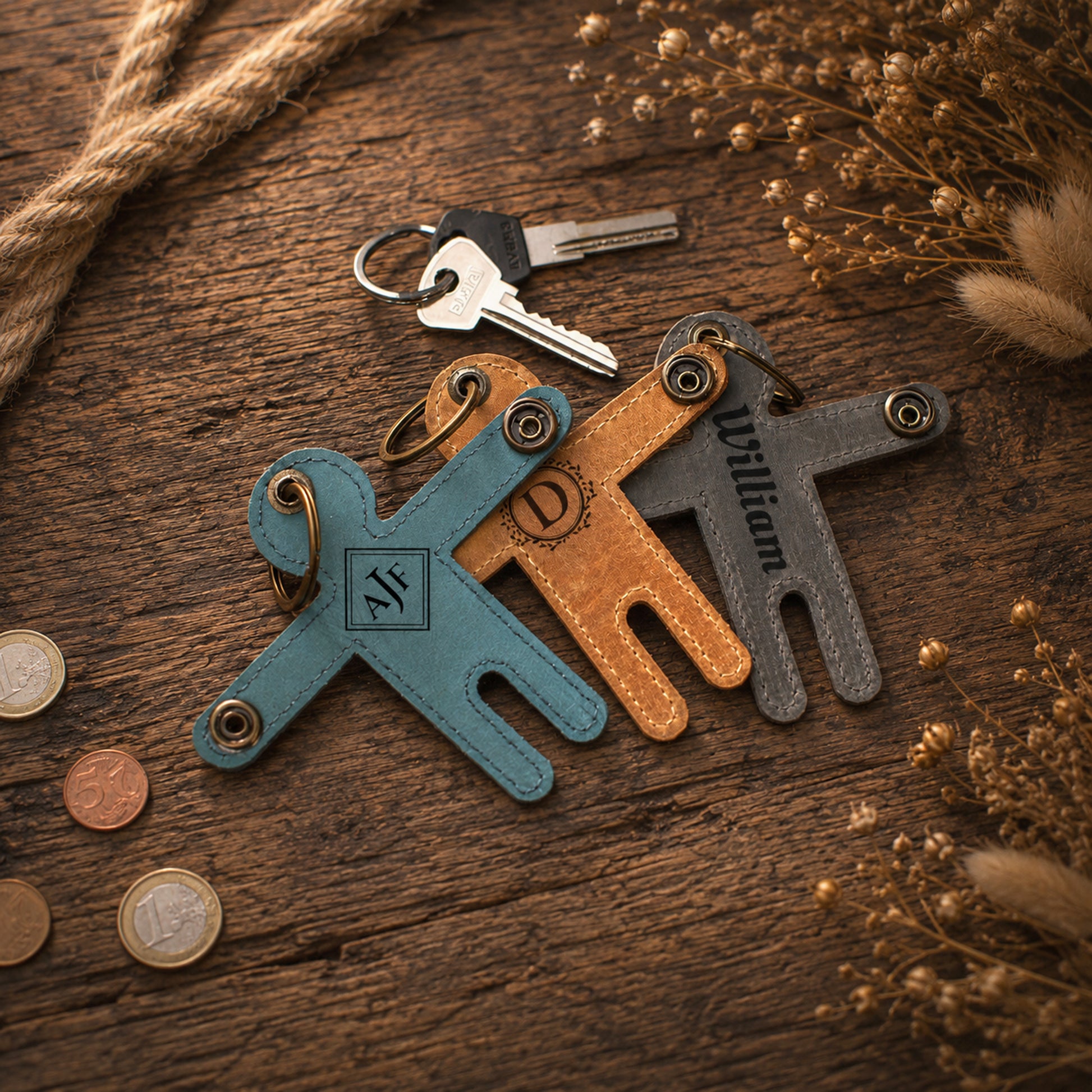 Three custom-shaped leather keychains in teal, tan, and dark gray, arranged on a rustic wooden surface with keys, coins, and dried flowers.