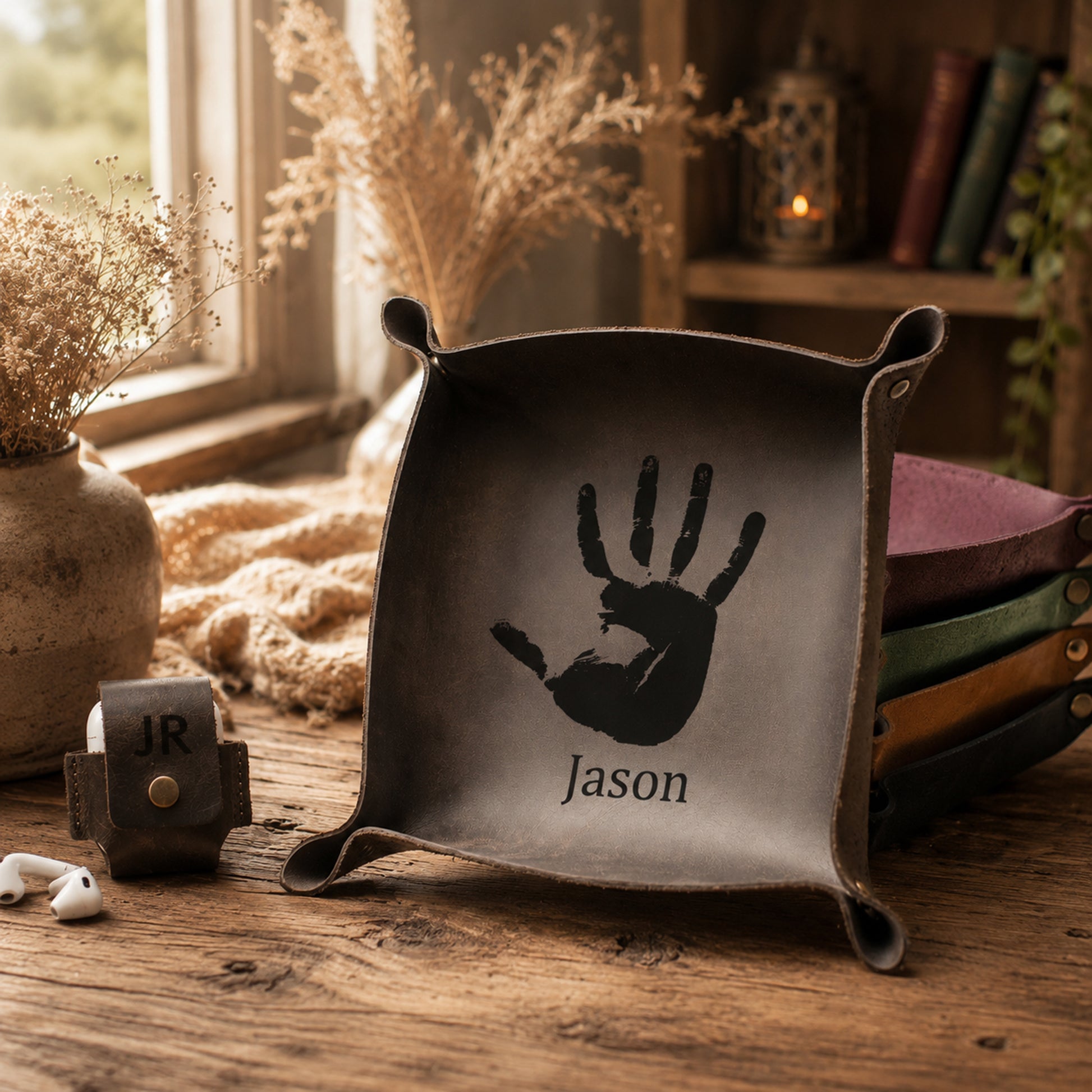 A square canvas desk organizer tray with a black handprint and the name 'Jason' printed on the front, styled on a rustic wooden table with a small leather pouch and white earbuds nearby.