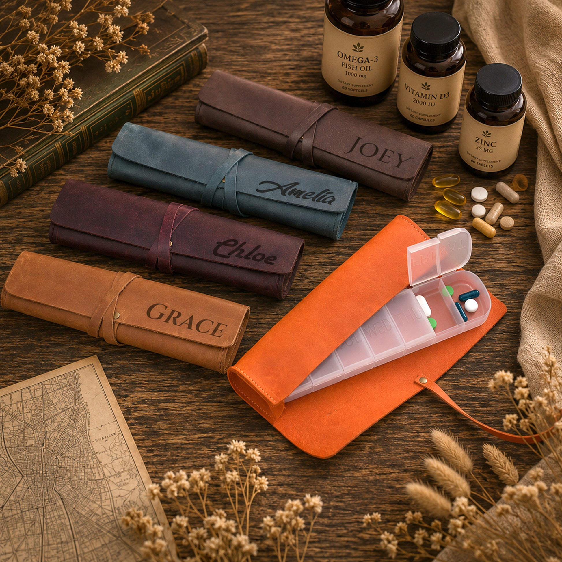 A styled flat-lay of five personalized pill organizer rolls in different colors (brown, teal, burgundy, tan, and orange) with names engraved on them, alongside supplement bottles and a clear plastic pill organizer tray with open compartments, all arranged on a rustic wooden table with dried flowers and a vintage map.