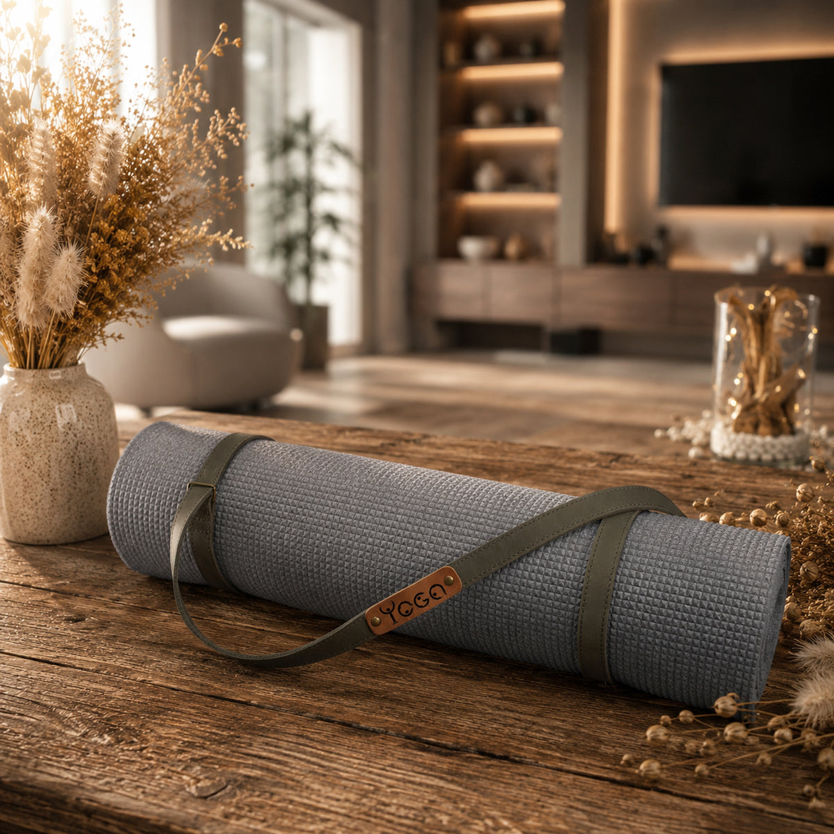 A rolled gray yoga mat with an olive green carrying strap and a small tan leather brand tag reading 'YOGA' in a warm, modern living room setting.