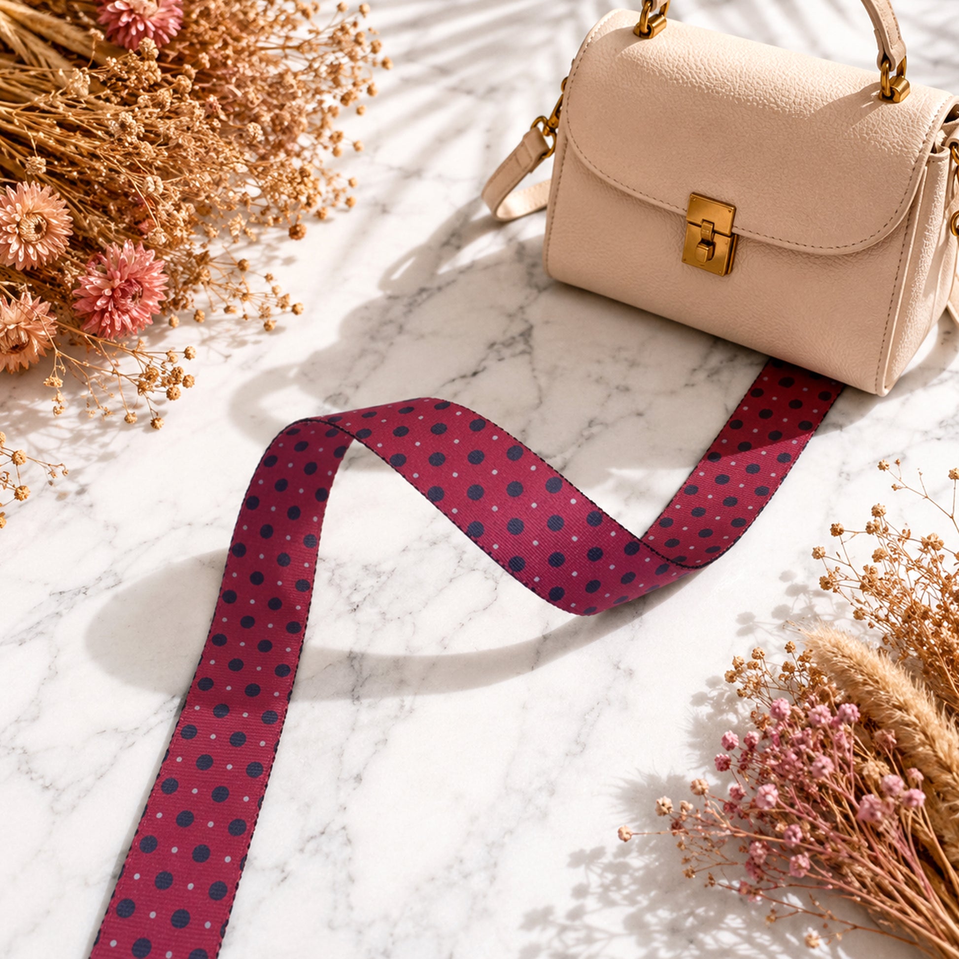 Beige handbag with a red polka dot strap on a marble surface with dried flowers.