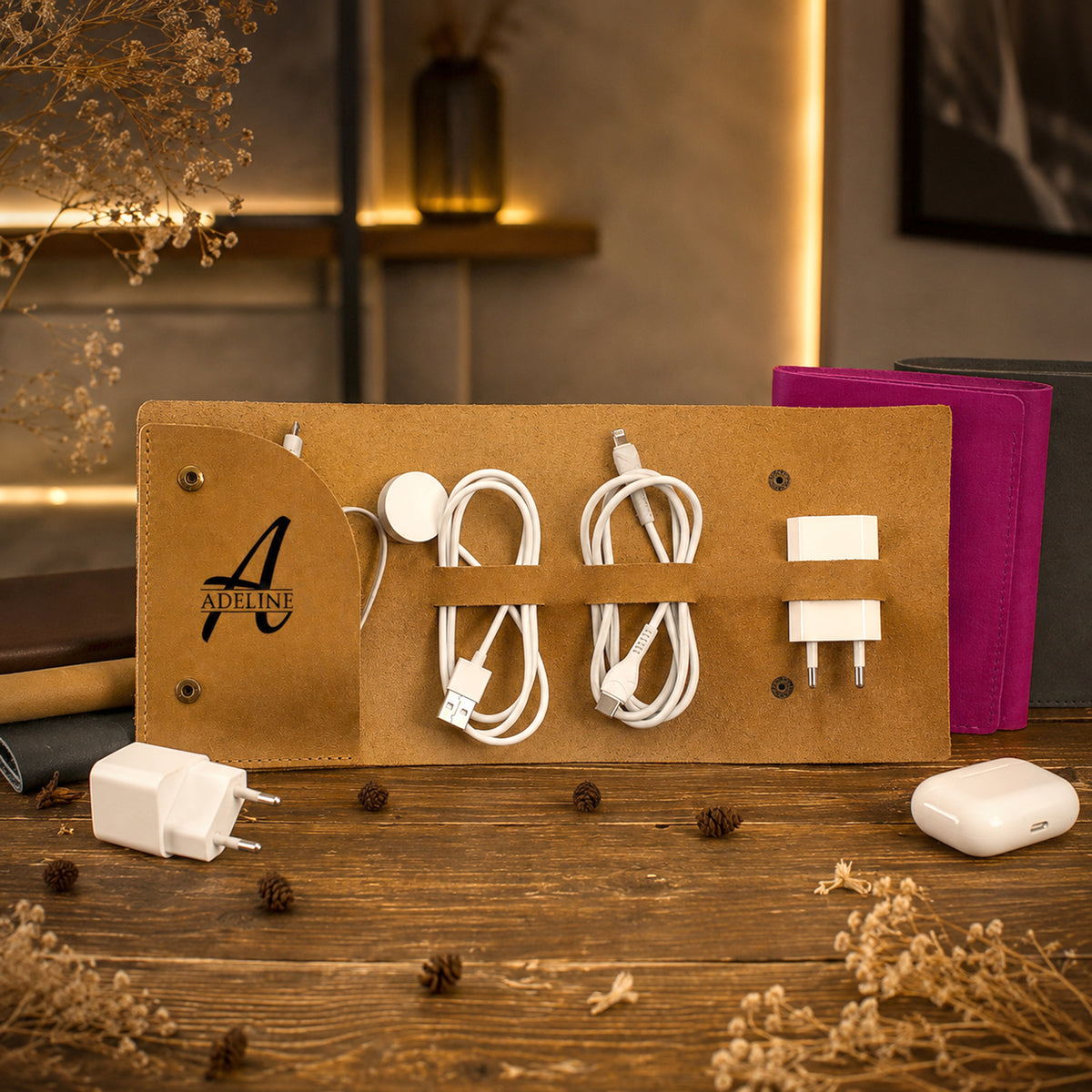 A tan leather organizer stand with multiple elastic loops and slots holding white charging cables, adapters, and earbuds, displayed on a wooden table with dried flowers and blurred background decor.