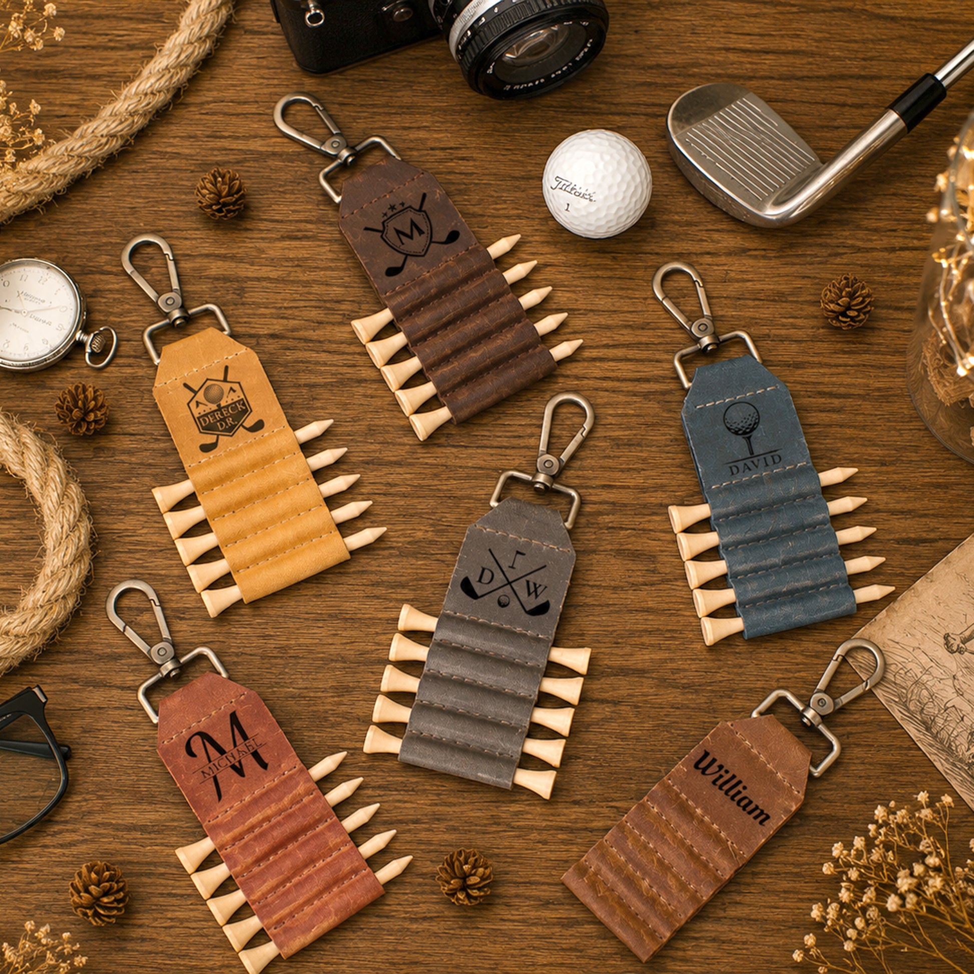 Six personalized leather golf keychains arranged on a wooden tabletop with golf-themed props including a golf club, golf ball, camera, and rope.