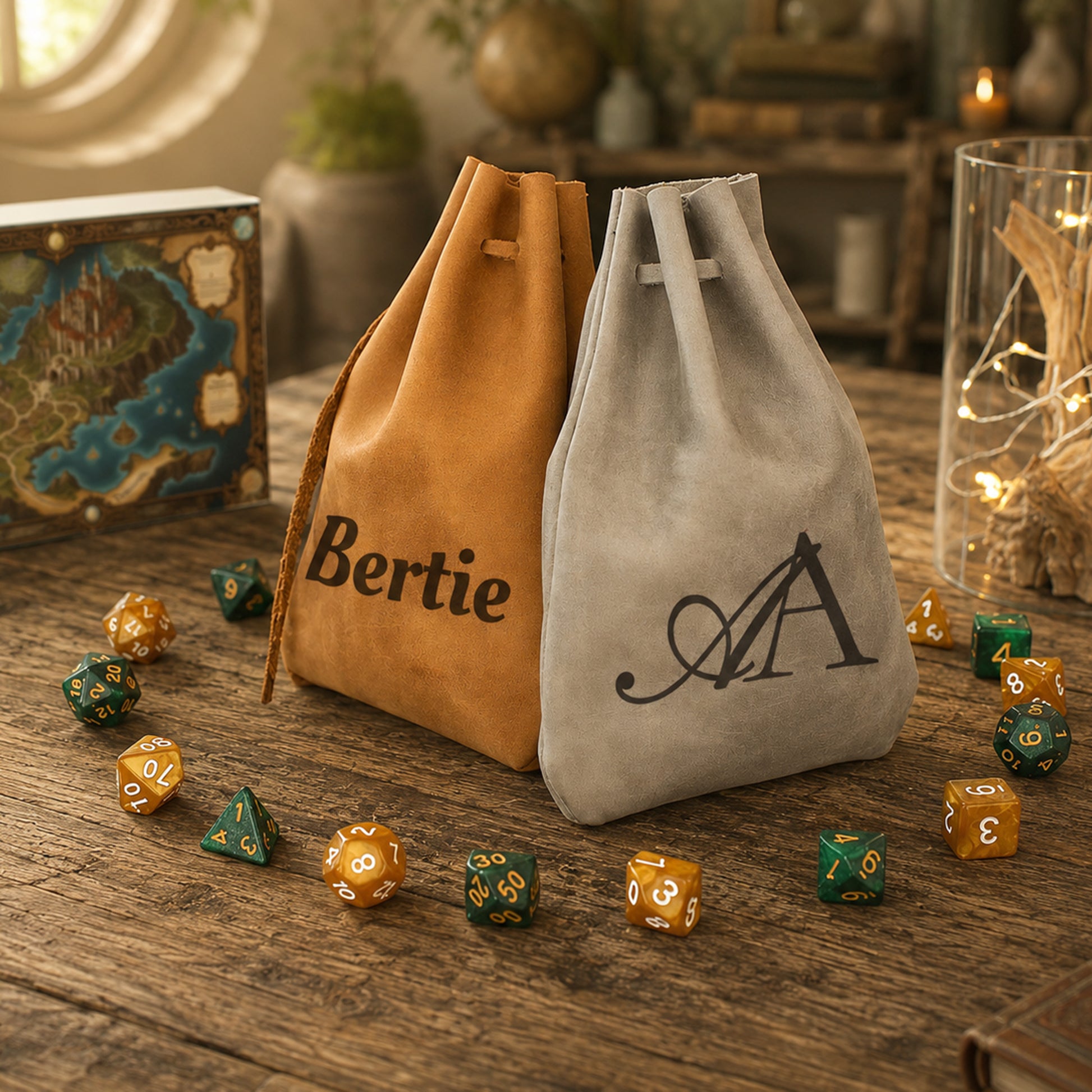 Two personalized drawstring pouches on a rustic wooden table, surrounded by colorful polyhedral gaming dice. The left pouch is tan with the name 'Bertie' printed in black, and the right pouch is light gray with a black monogram logo.