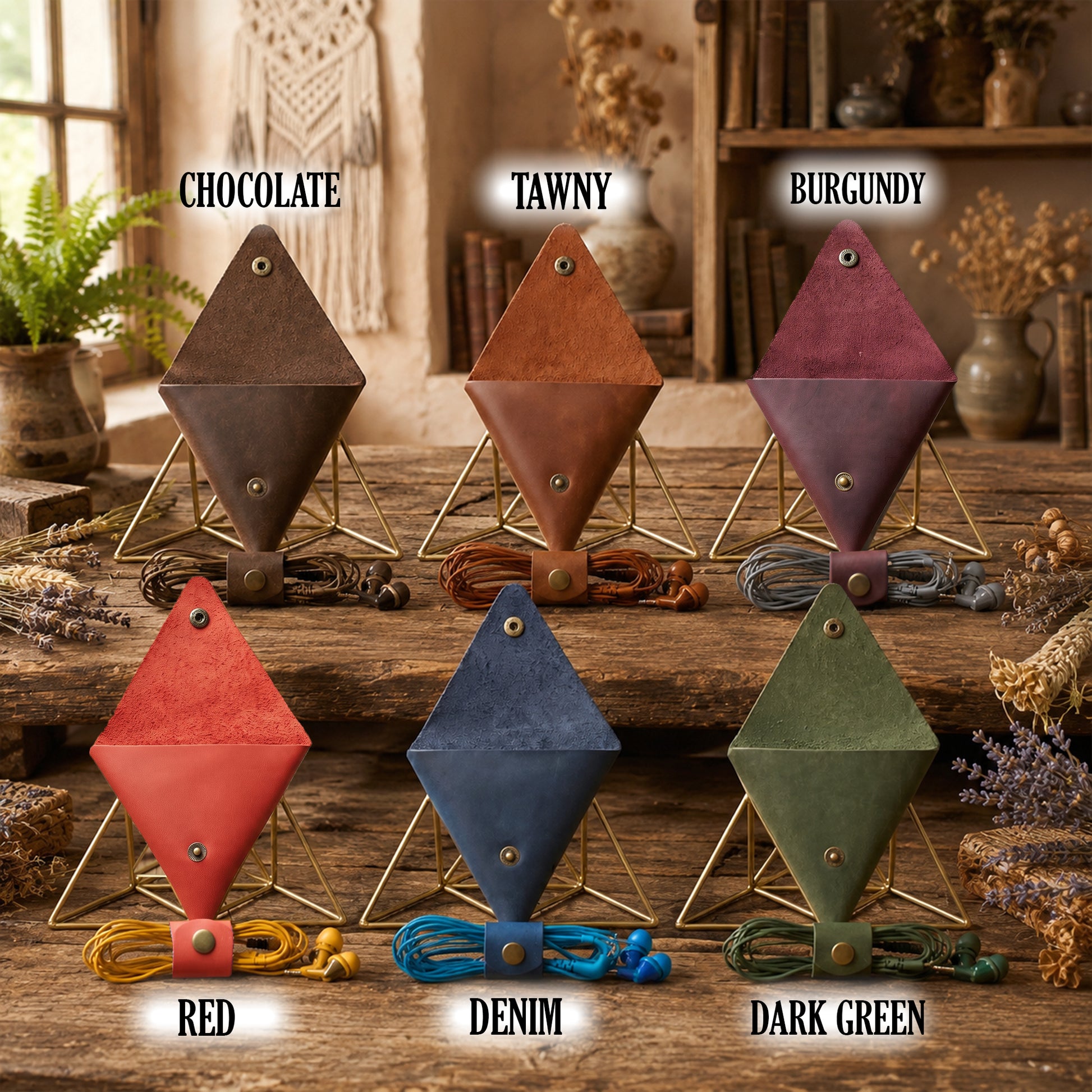Six diamond-shaped leather accessory holders in different colors are arranged on a rustic wooden table. Each holder has a metal stand, a strap, and a small round snap closure.