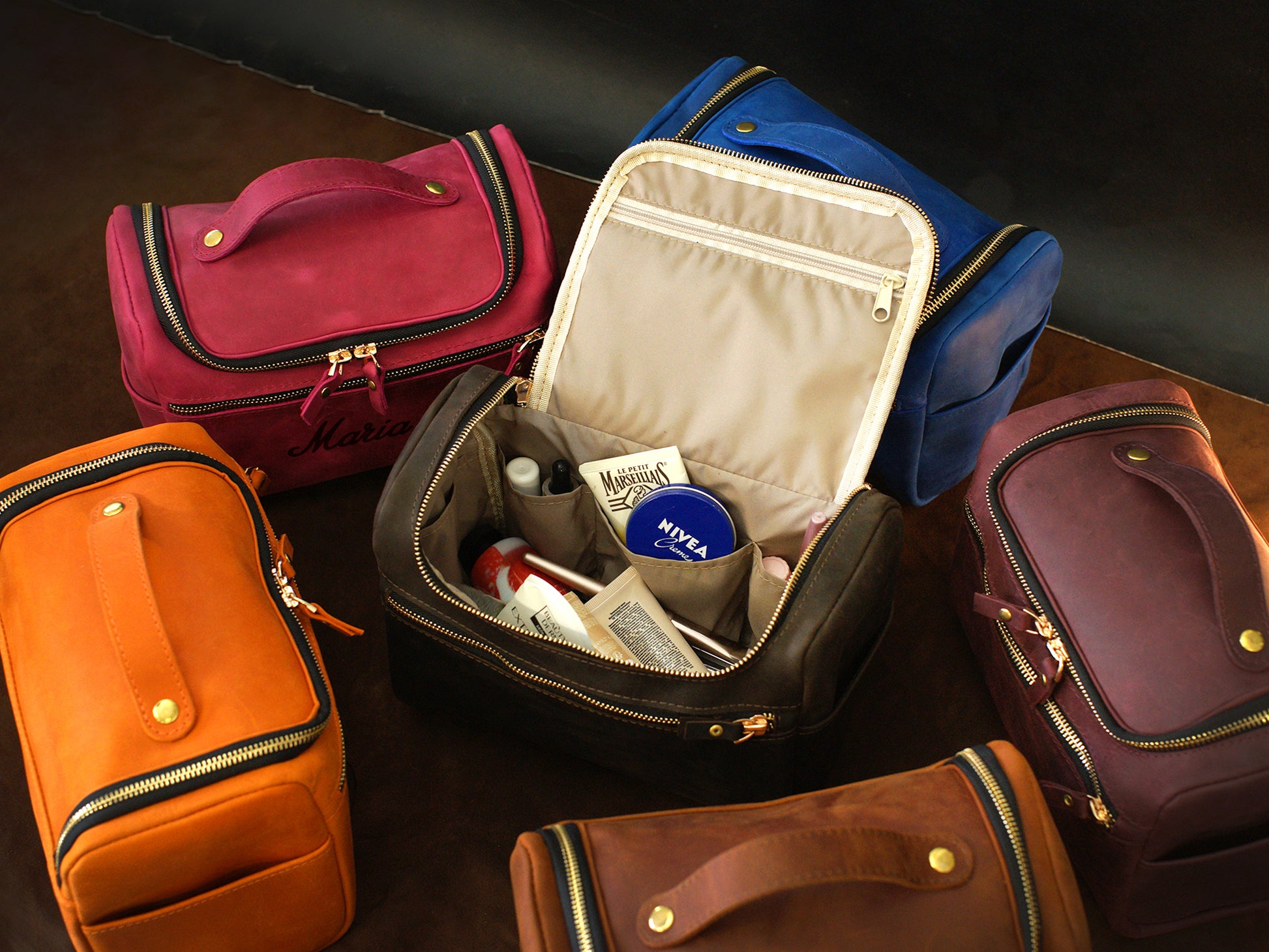 Leather cosmetic bag color options – brown and tan, handcrafted