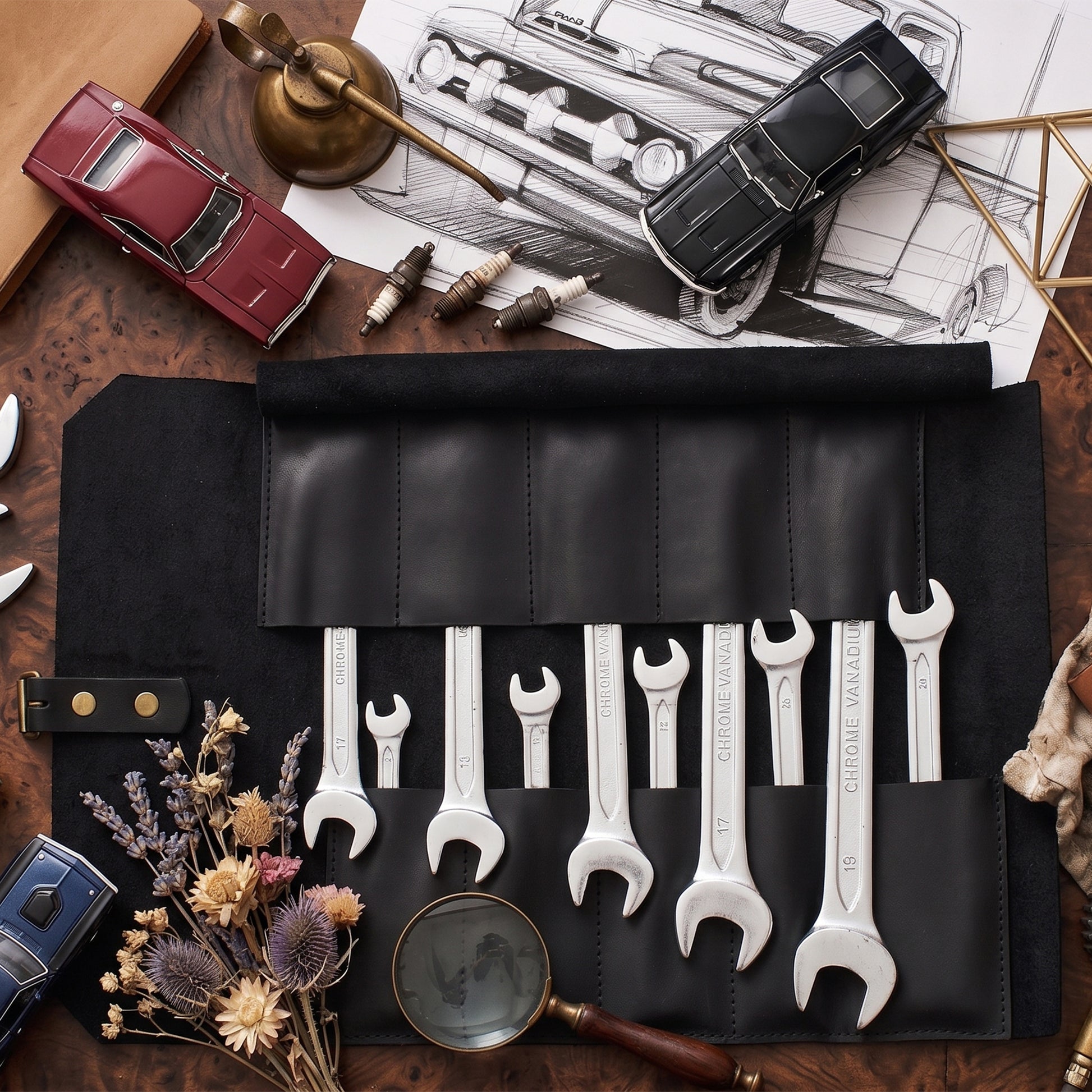 A set of eight silver open-end wrenches with engraved text, displayed in a black leather tool roll on a rustic wooden surface, surrounded by styled props including a magnifying glass, dried flowers, and model cars.