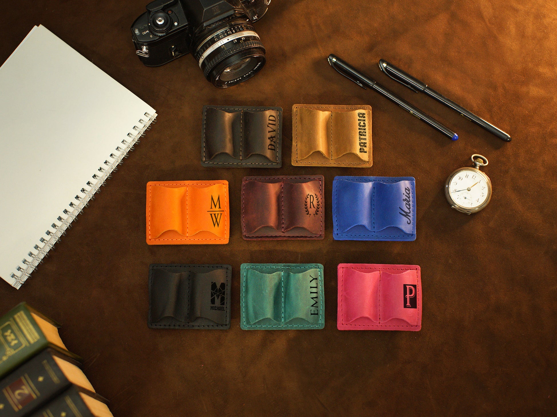 Leather pen holder with custom name engraving, warm brown tone