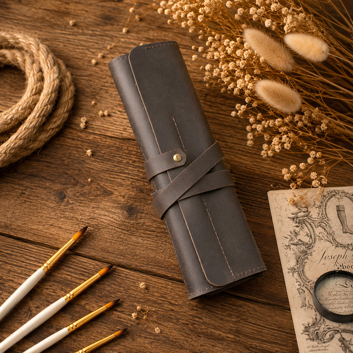 Leather pencil roll color options – brown and tan, handcrafted