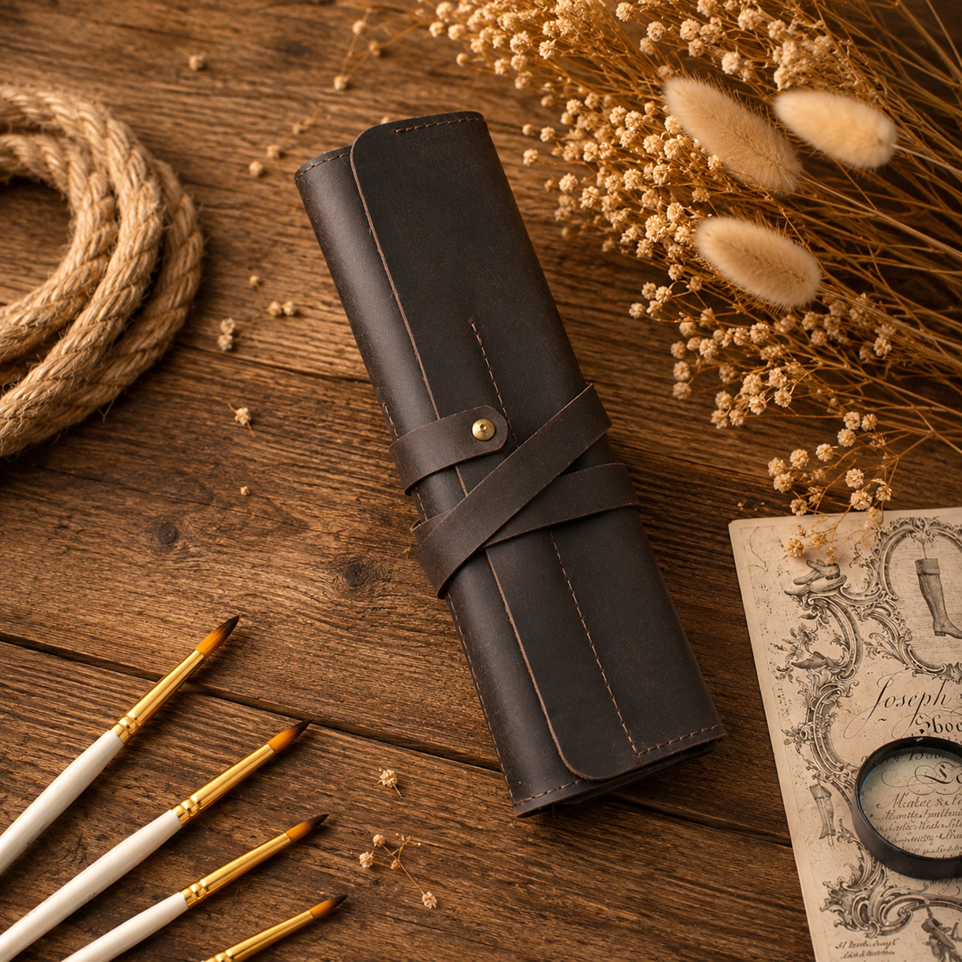 A dark brown leather roll-up case with a snap strap closure, styled on a rustic wooden surface with dried flowers, paintbrushes, and a vintage notebook.