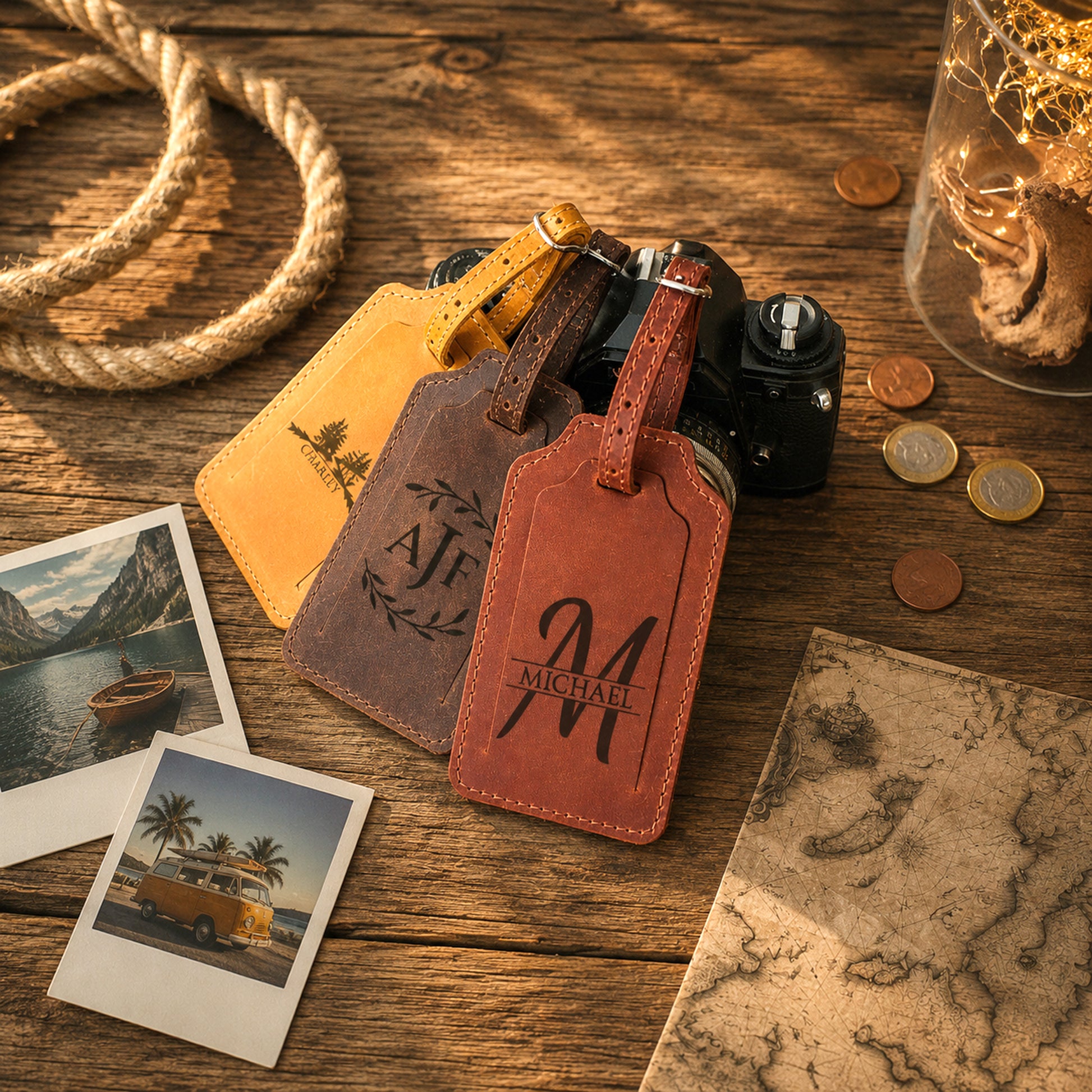 Three personalized leather luggage tags in tan, brown, and reddish-brown, arranged on a rustic wooden table with a camera, rope, coins, polaroid photos, and a map. The front tag is engraved with a large letter 'M' and the name 'MICHAEL'.