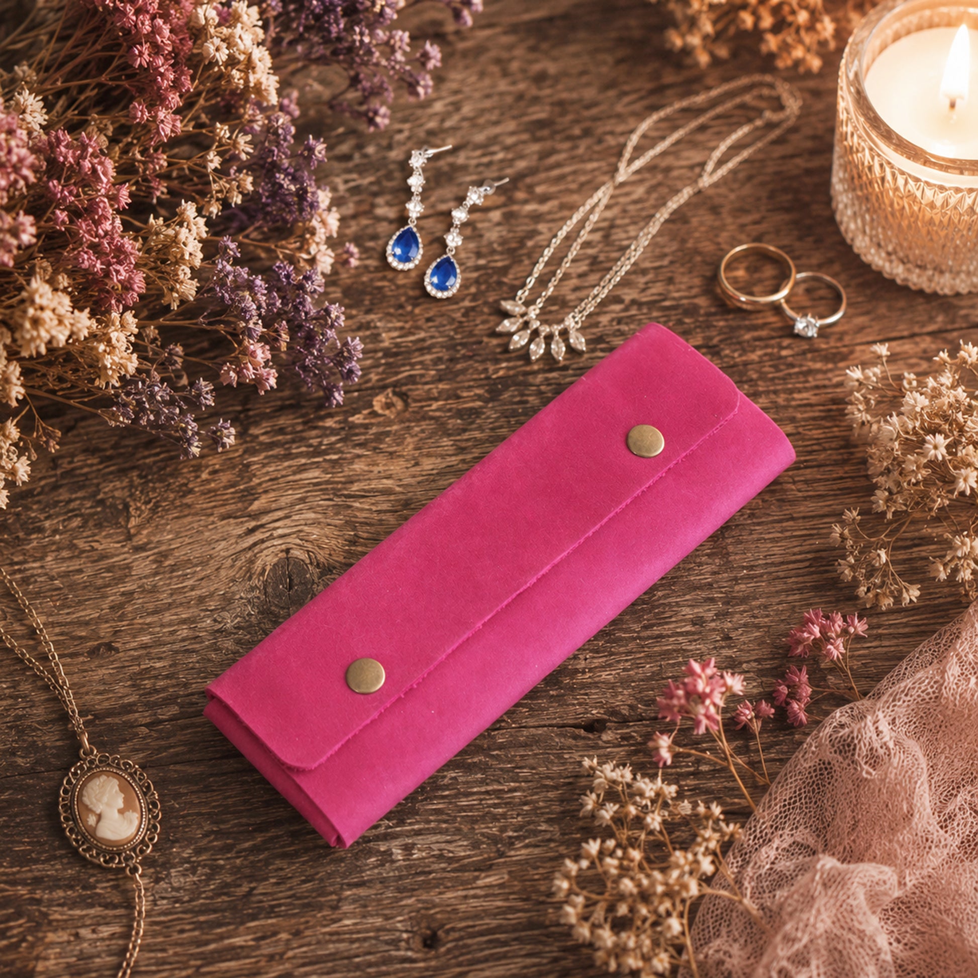A bright pink velvet jewelry wallet with two gold snap buttons, styled on a rustic wooden table surrounded by dried flowers, jewelry, rings, and a lit candle.