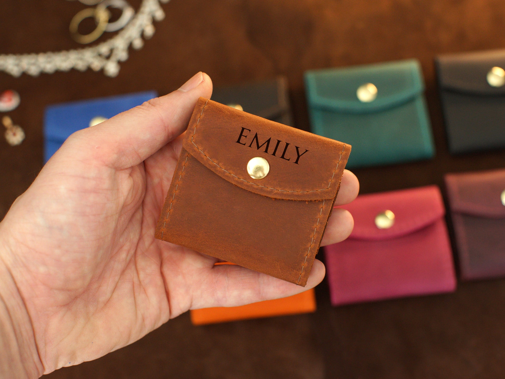 Leather jewelry pouch color options – brown and tan, handcrafted