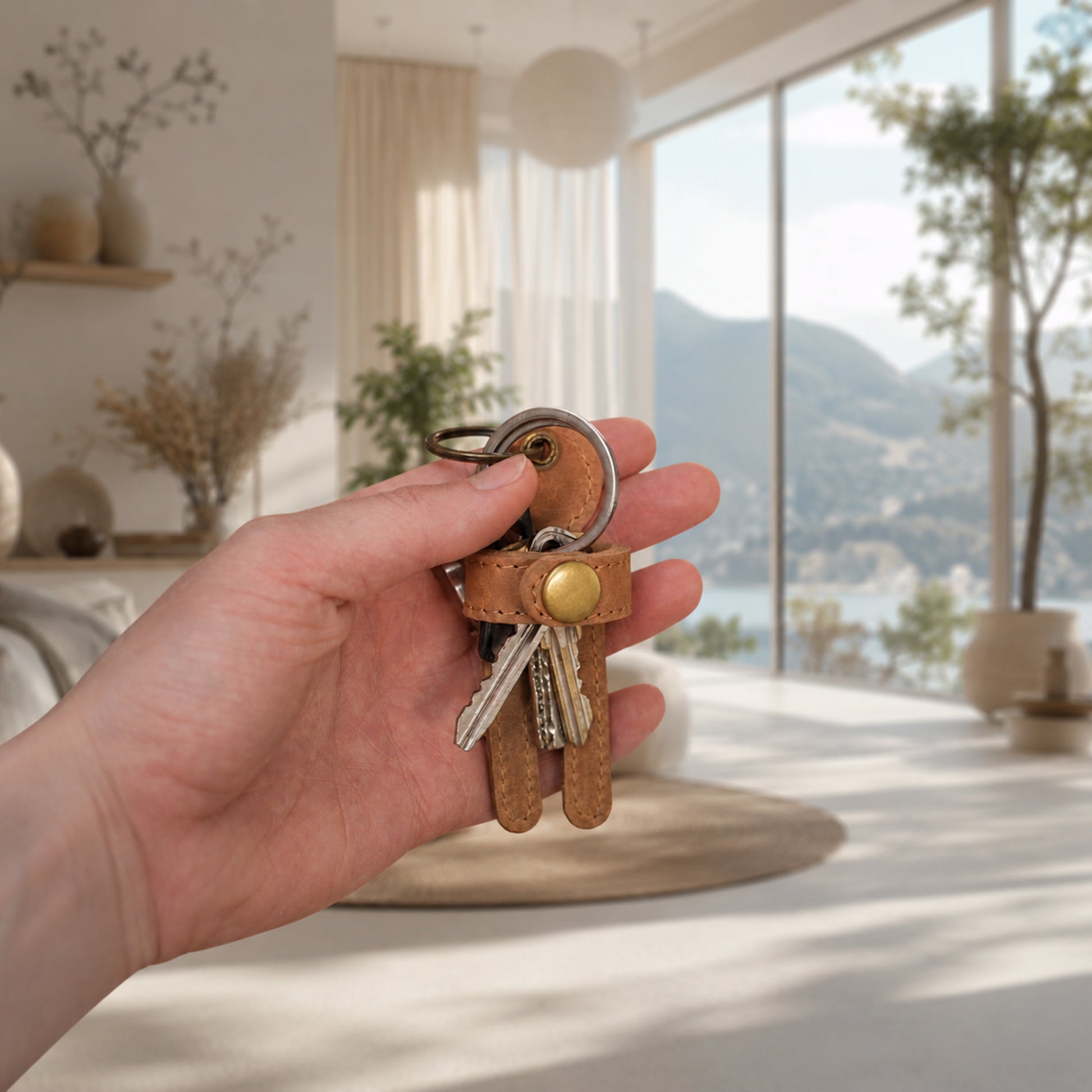 A hand holds a tan leather keychain with metal keys in a bright, modern room with large windows and a mountain view.