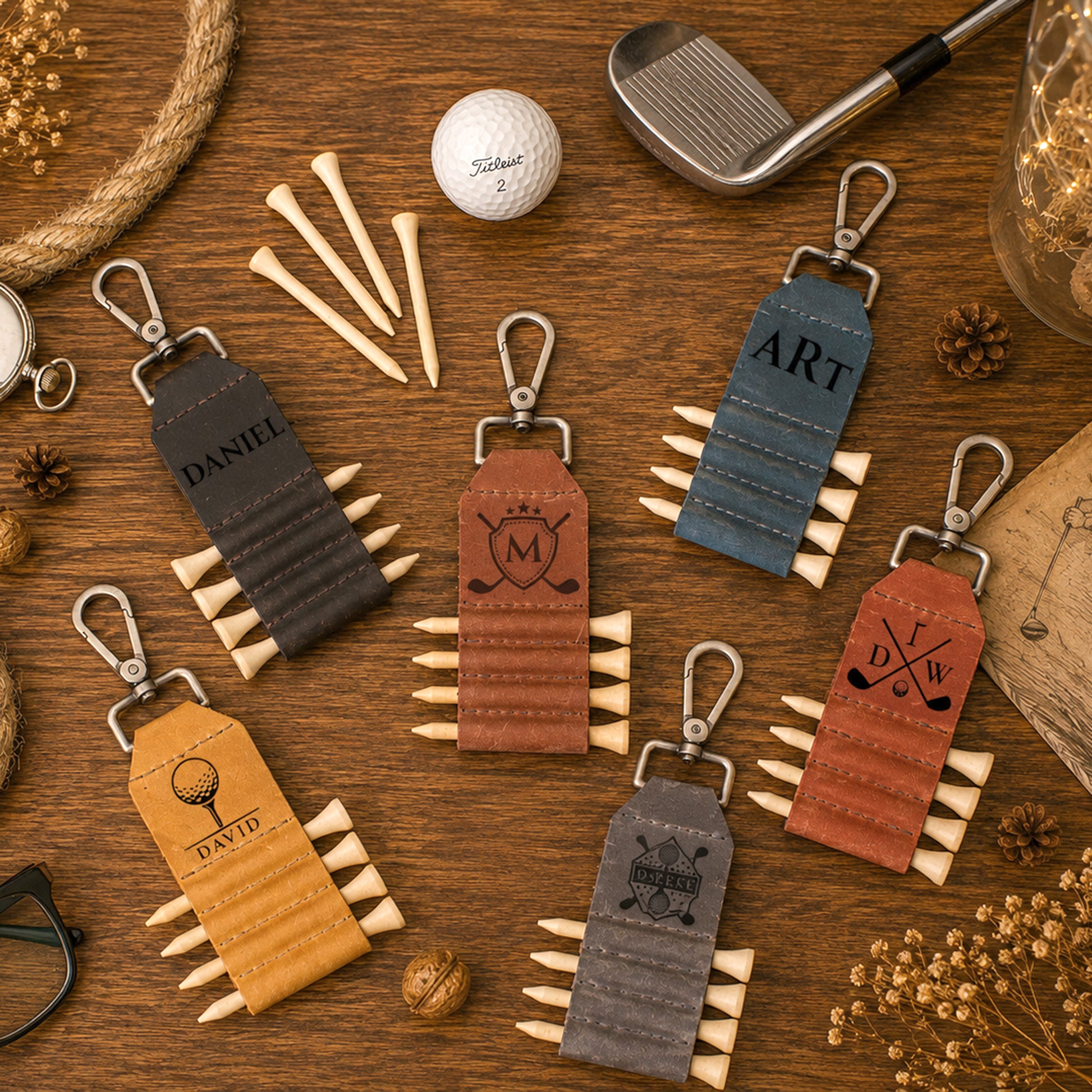 Six personalized leather golf keychains styled in a flat-lay arrangement on a wooden table with golf-themed props like a golf club, tees, and a golf ball.