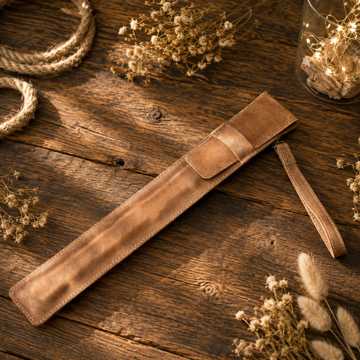 A tan leather sheath or sleeve with a strap, laid diagonally on a rustic wooden surface surrounded by dried flowers and warm string lights.