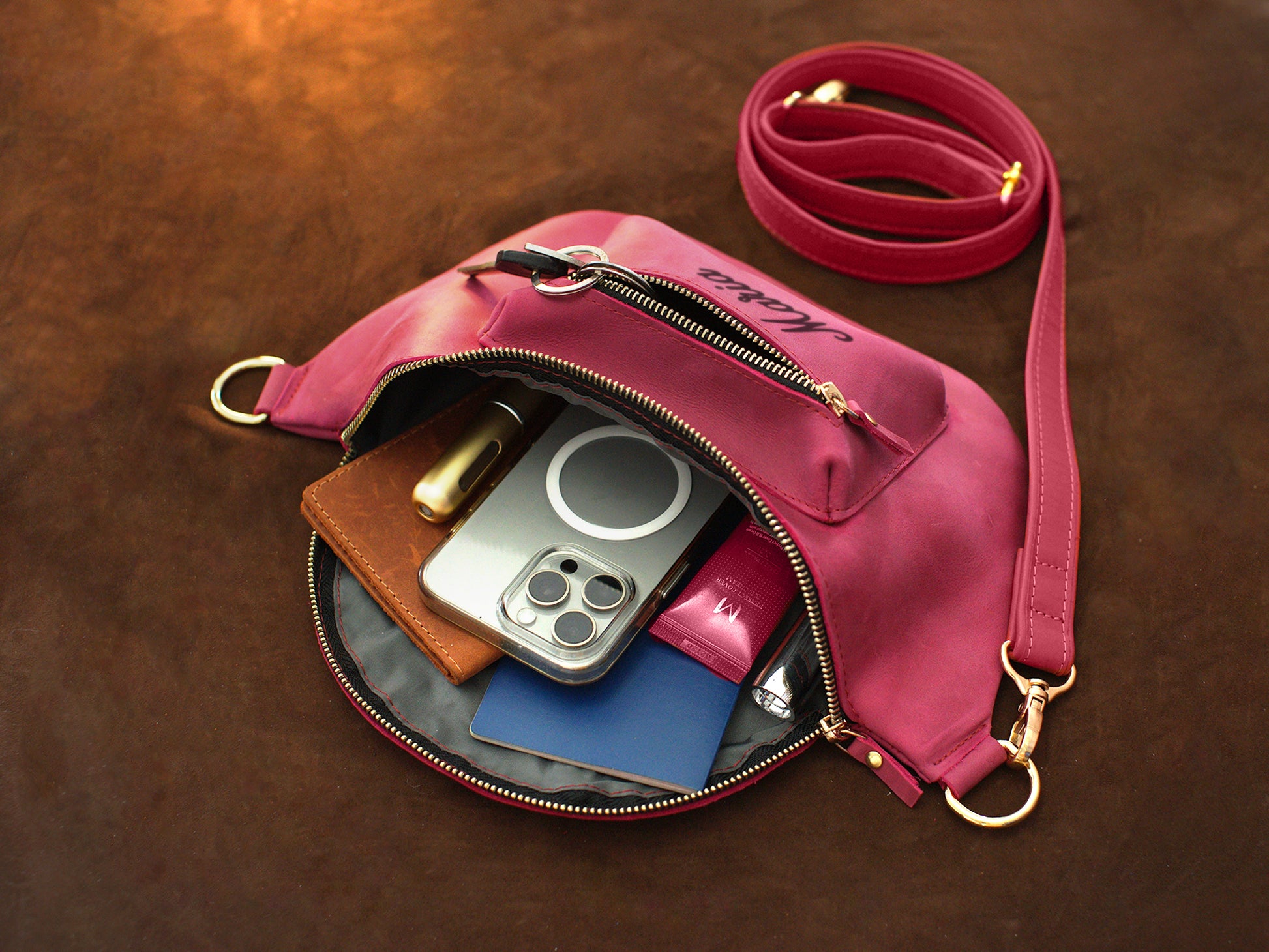 Leather sling bag color options – brown and tan, handcrafted