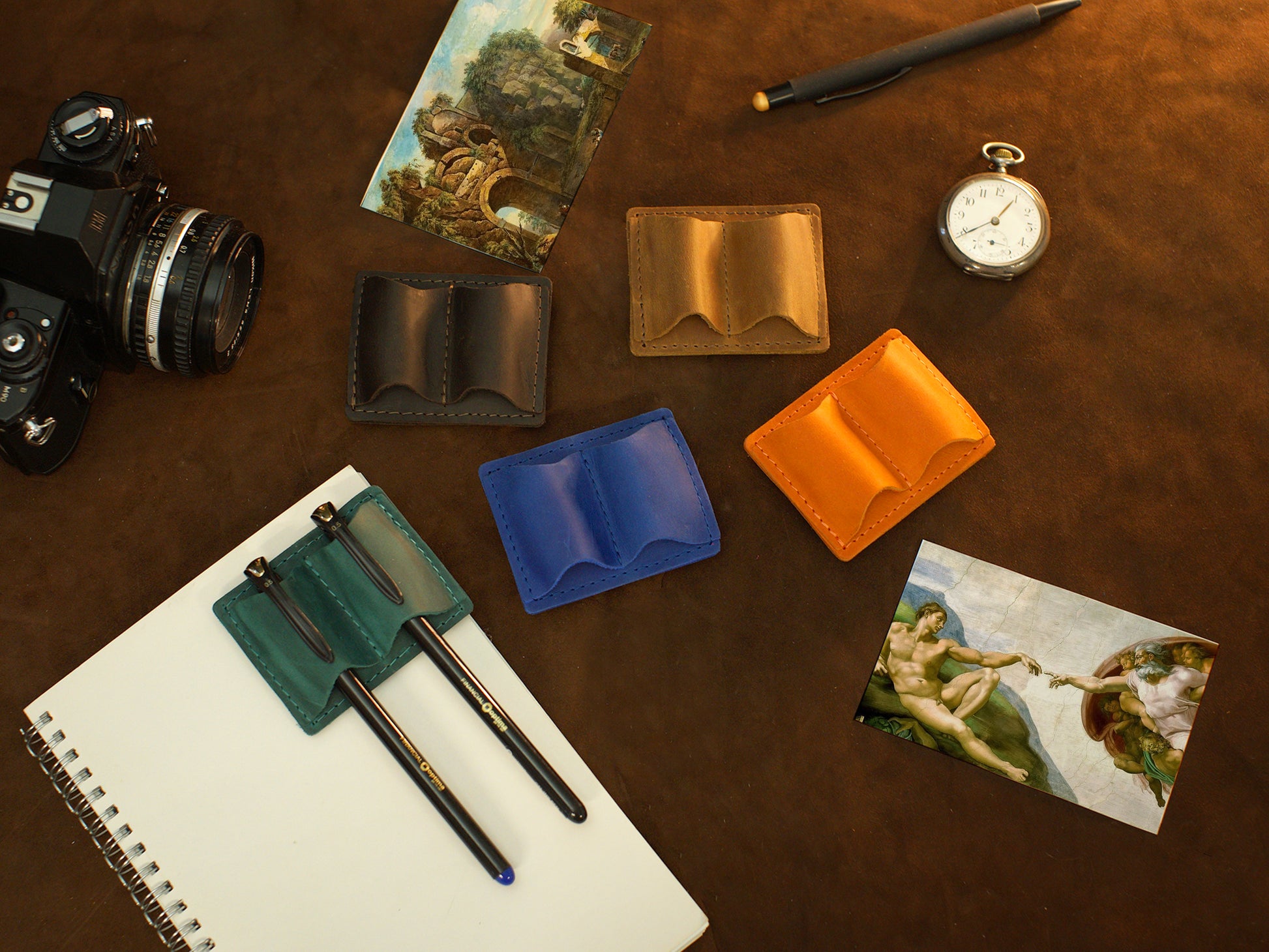 Leather pen holder color options – brown and tan, handcrafted
