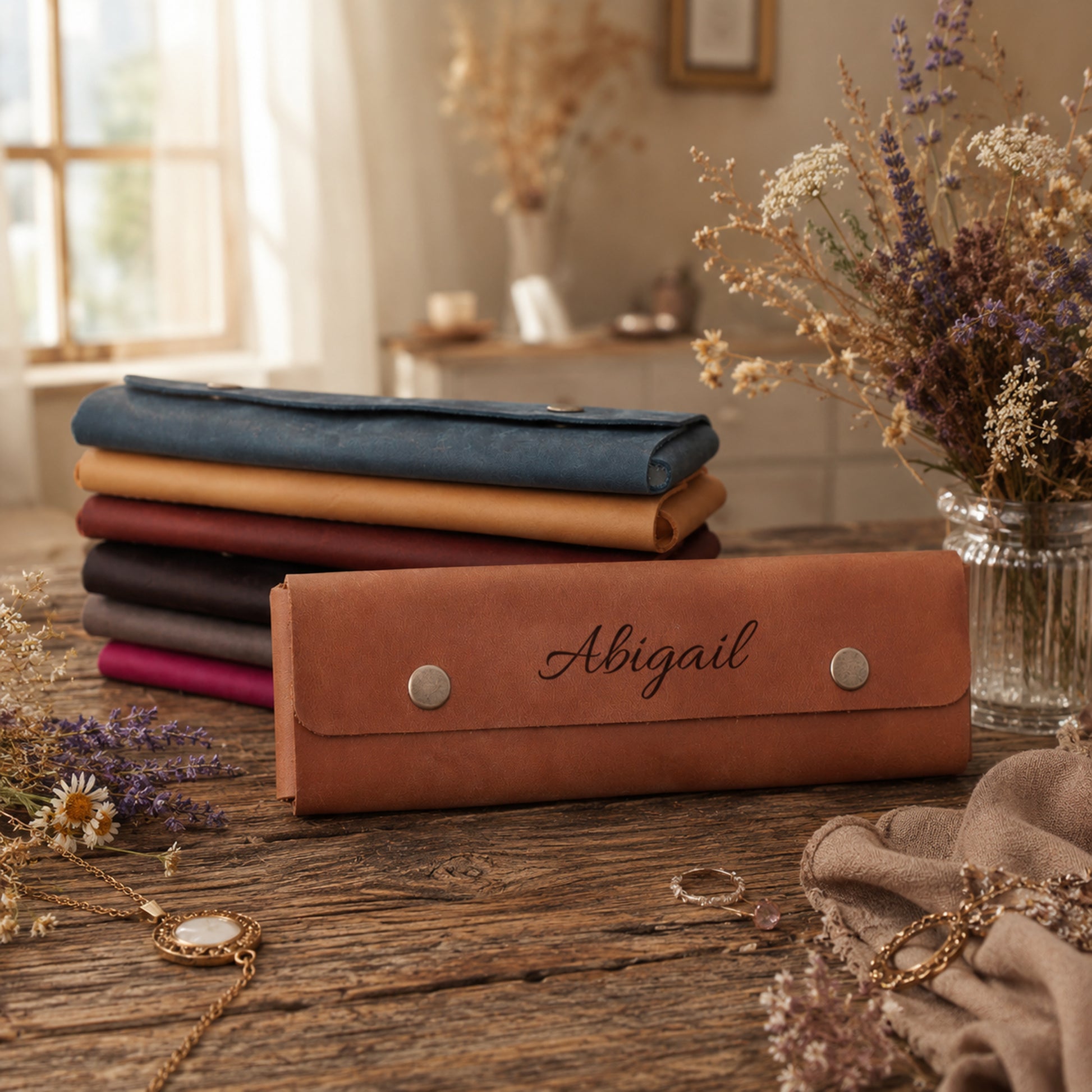 A stack of folded leather accessories, including a prominent brown envelope-style case engraved with the name 'Abigail', is displayed on a rustic wooden table alongside dried flowers and jewelry in a softly lit indoor setting.