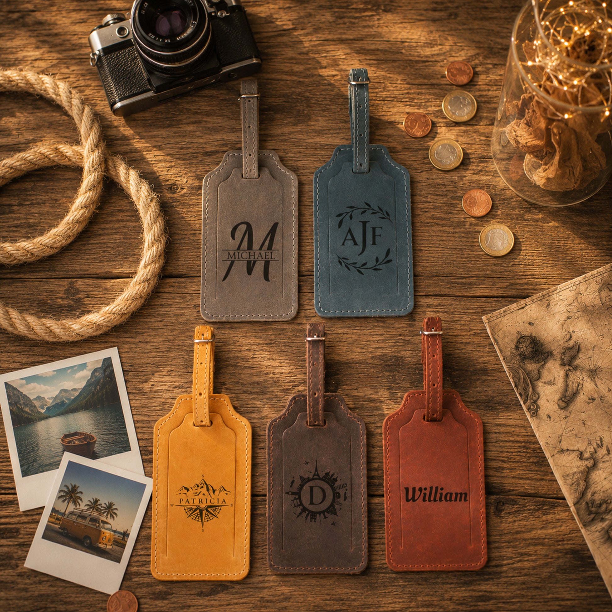 Four personalized leather luggage tags arranged on a rustic wooden table with travel-themed props including a camera, rope, coins, instant photos, and a map. The tags are shown in gray, blue, yellow, brown, and reddish-brown colors, each engraved with a monogram or name.