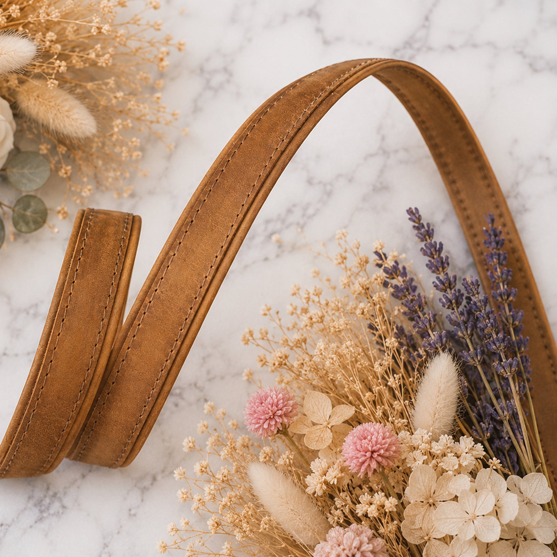 Brown leather belt with dried flowers on a marble surface