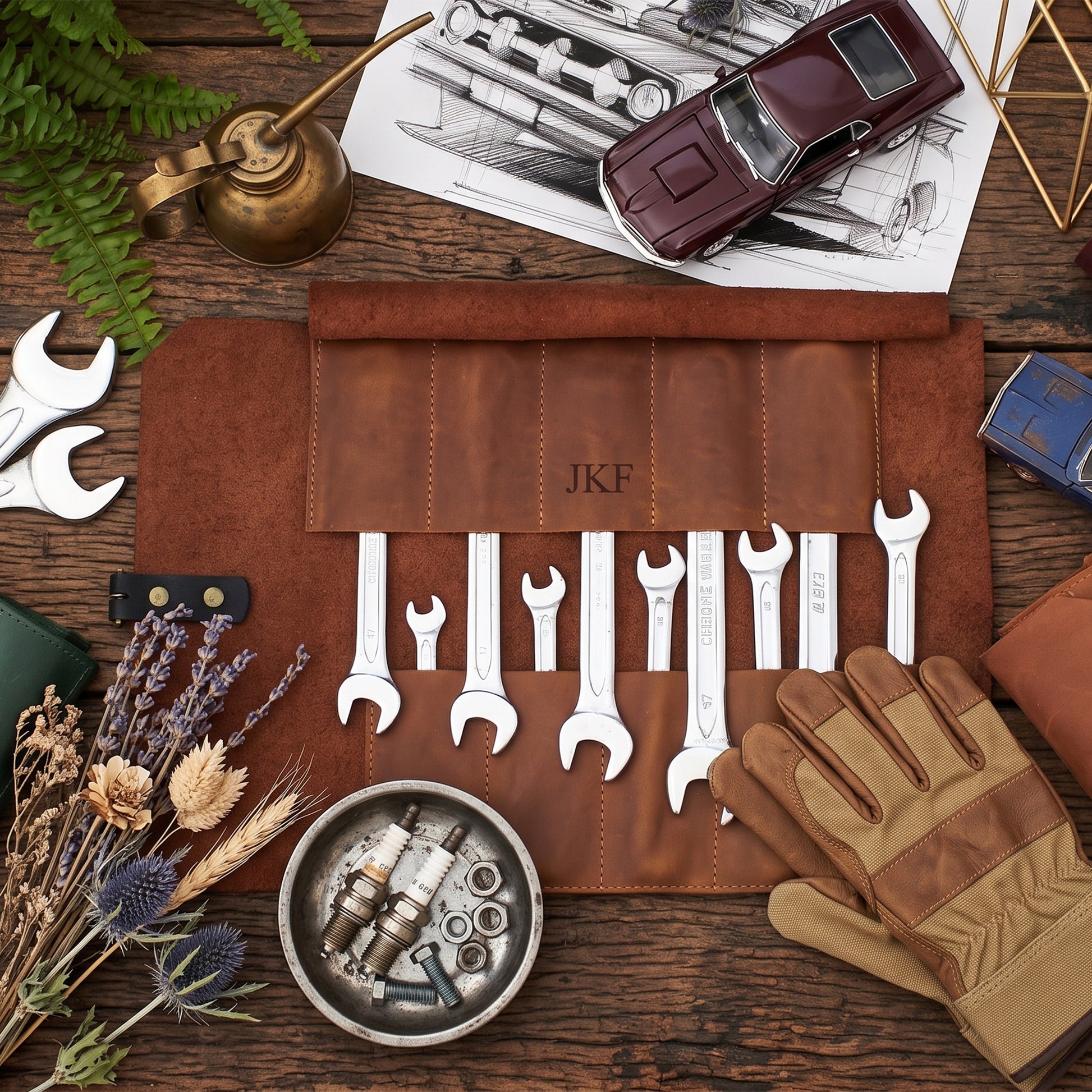 A leather wrench roll with multiple silver wrenches laid out on a rustic wooden table, surrounded by workshop-themed props including gloves, a brass oil can, wrenches, dried flowers, and a toy car. The leather roll is personalized with the initials 'JKF'.