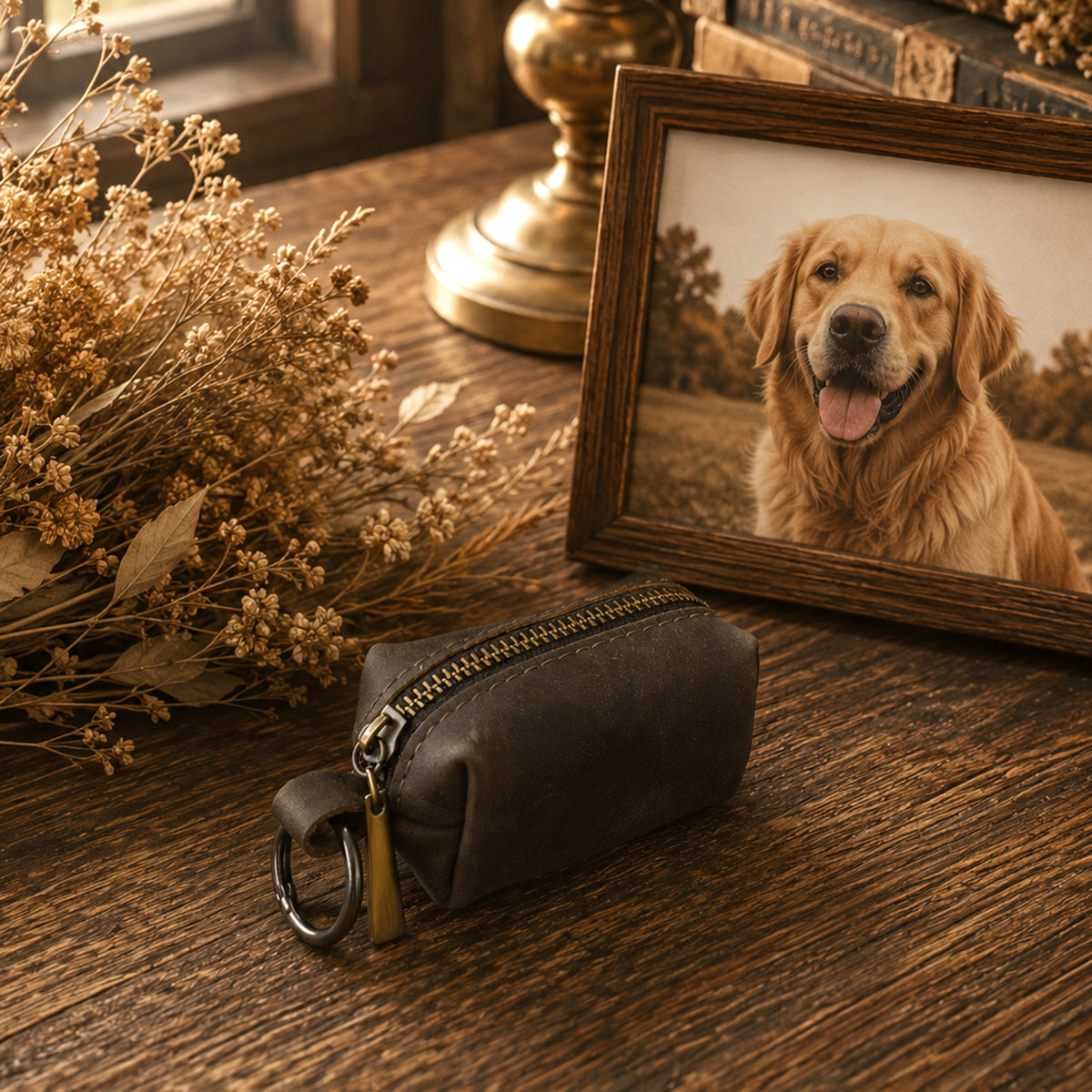 A dark brown leather zippered pouch with a key ring clasp sits on a rustic wooden table next to dried flowers and a framed photo of a golden retriever.