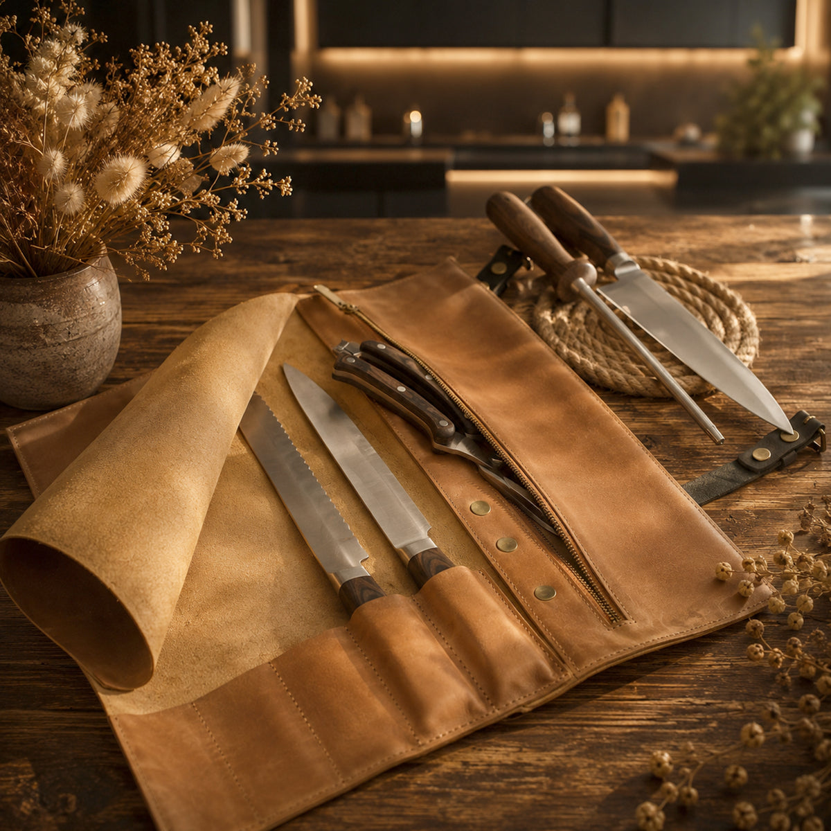 A leather knife roll laid open on a rustic wooden table, holding several kitchen knives with dark handles. A rope-bound knife rest and dried flowers in a vase sit nearby, with a softly blurred kitchen background.