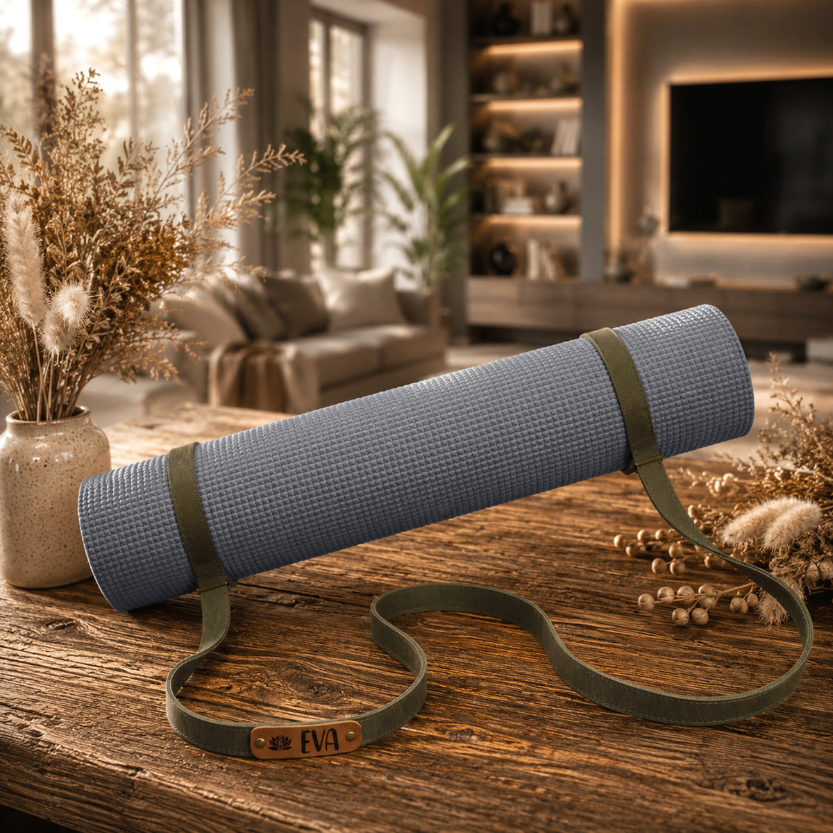 A rolled blue-gray yoga mat with an olive green carrying strap and a small tan brand patch reading EVA, displayed on a rustic wooden table in a warm, softly blurred living room setting.