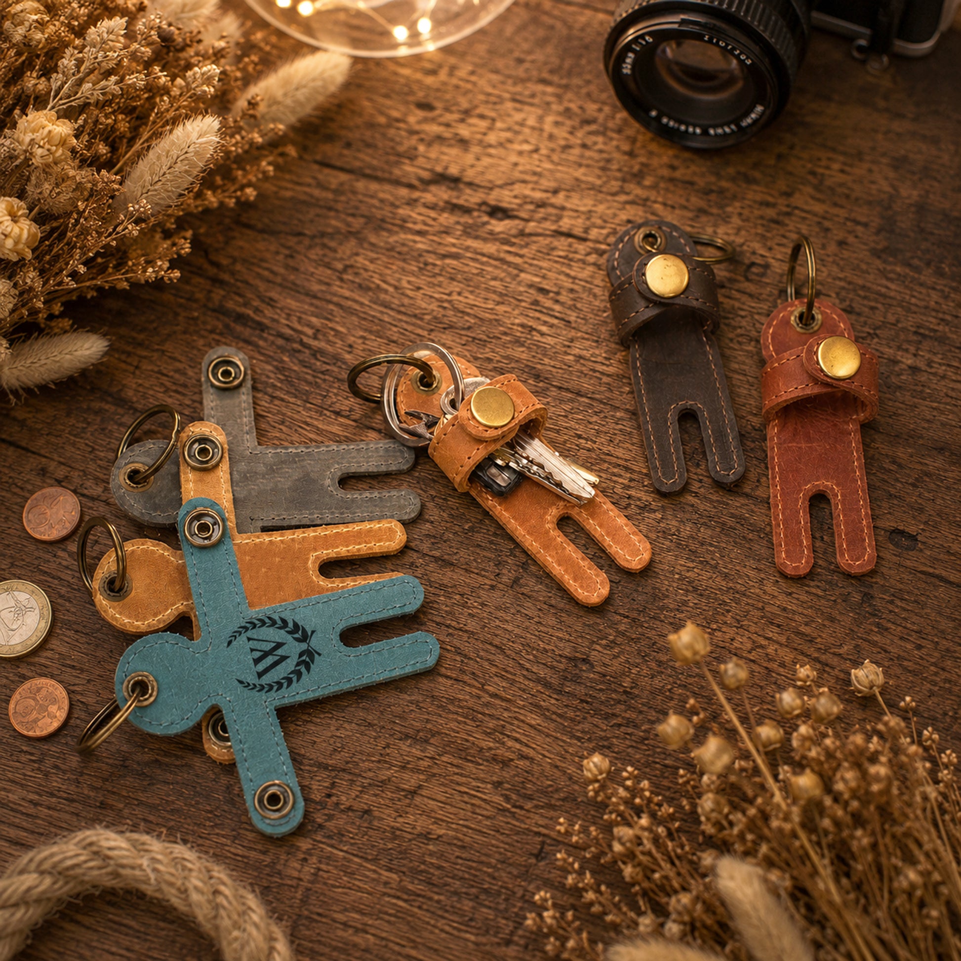 Four moose-shaped keychains in different colors (blue, brown, tan, and dark brown) arranged on a rustic wooden table with dried flowers, coins, and a camera lens prop.