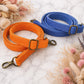 Orange and blue dog leashes with brass buckles on a marble surface with dried flowers.