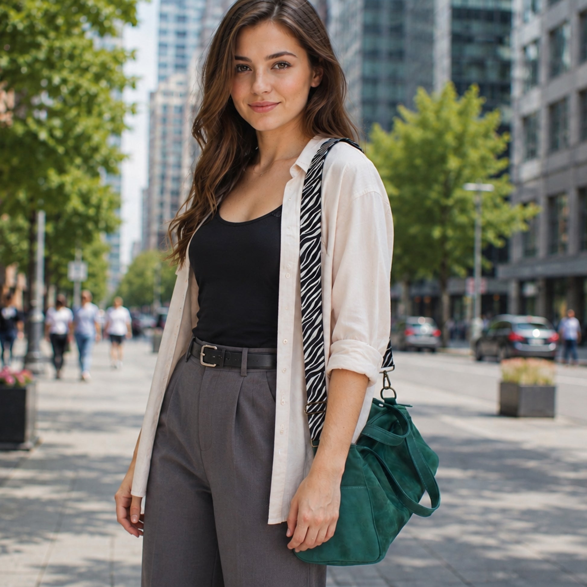 Woman walking on a city street holding a green bag