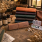 A leather pill organizer set displayed on a rustic wooden table, featuring a stack of rolled leather pouches in various earthy colors, a rolled brown leather case with the brand name 'AGNES' printed on it, several supplement bottles, and an open clear plastic pill organizer box.