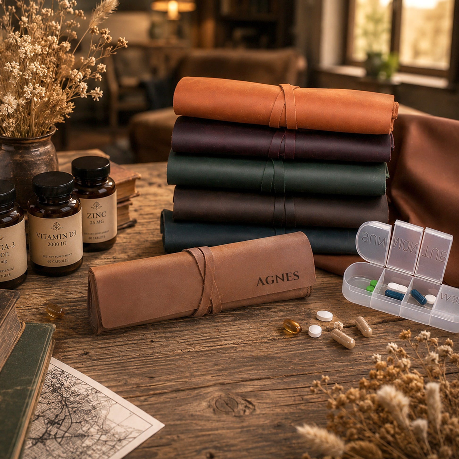 A leather pill organizer set displayed on a rustic wooden table, featuring a stack of rolled leather pouches in various earthy colors, a rolled brown leather case with the brand name 'AGNES' printed on it, several supplement bottles, and an open clear plastic pill organizer box.