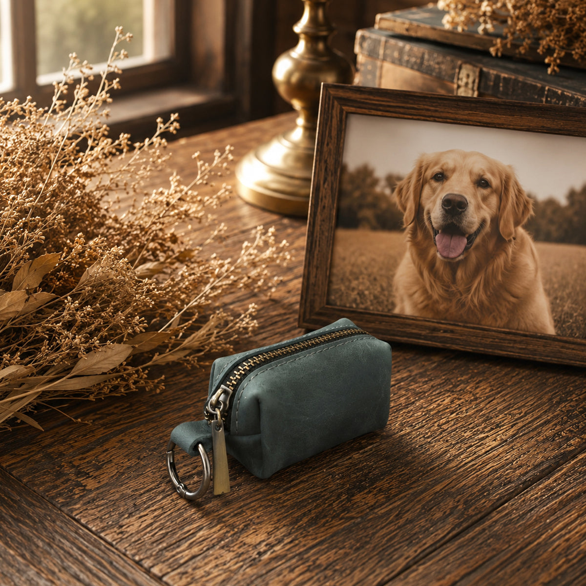 A small teal blue zippered pouch with a metal key ring, styled on a rustic wooden table next to a framed photo of a golden retriever dog and dried flowers.