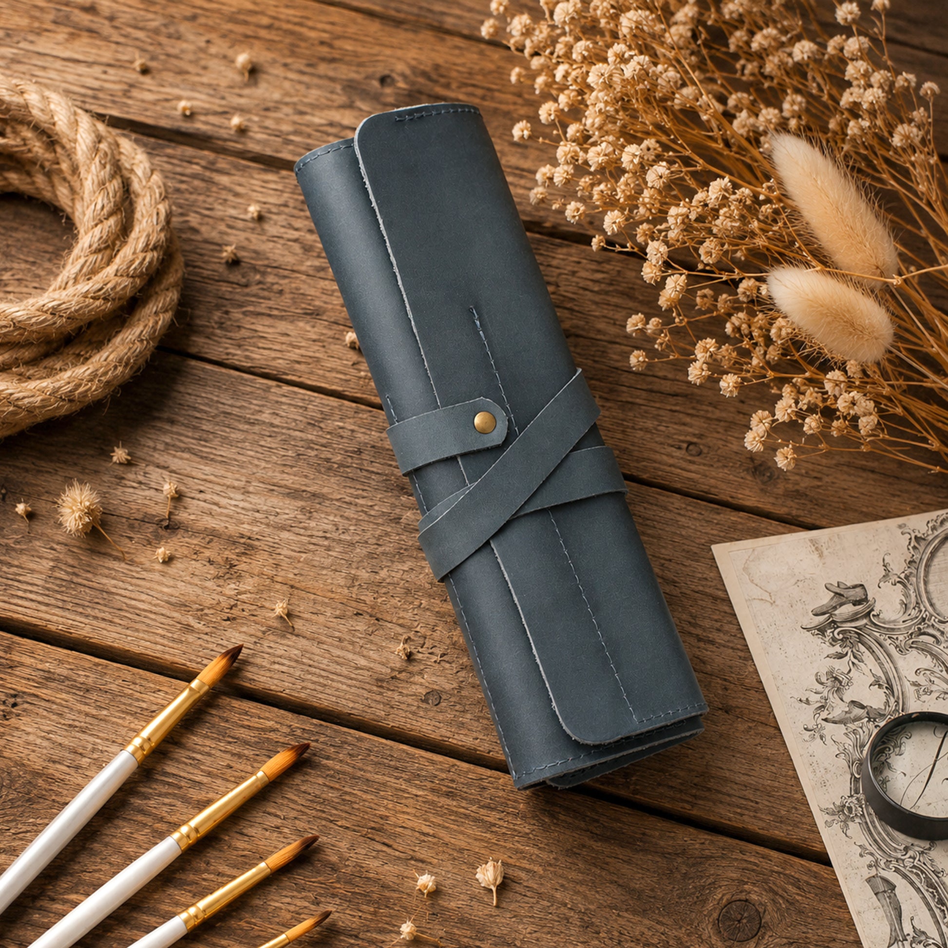 A rolled dark slate-blue leather art supply or paint brush roll, styled on a rustic wooden table with dried flowers, paintbrushes, and a sketchbook.