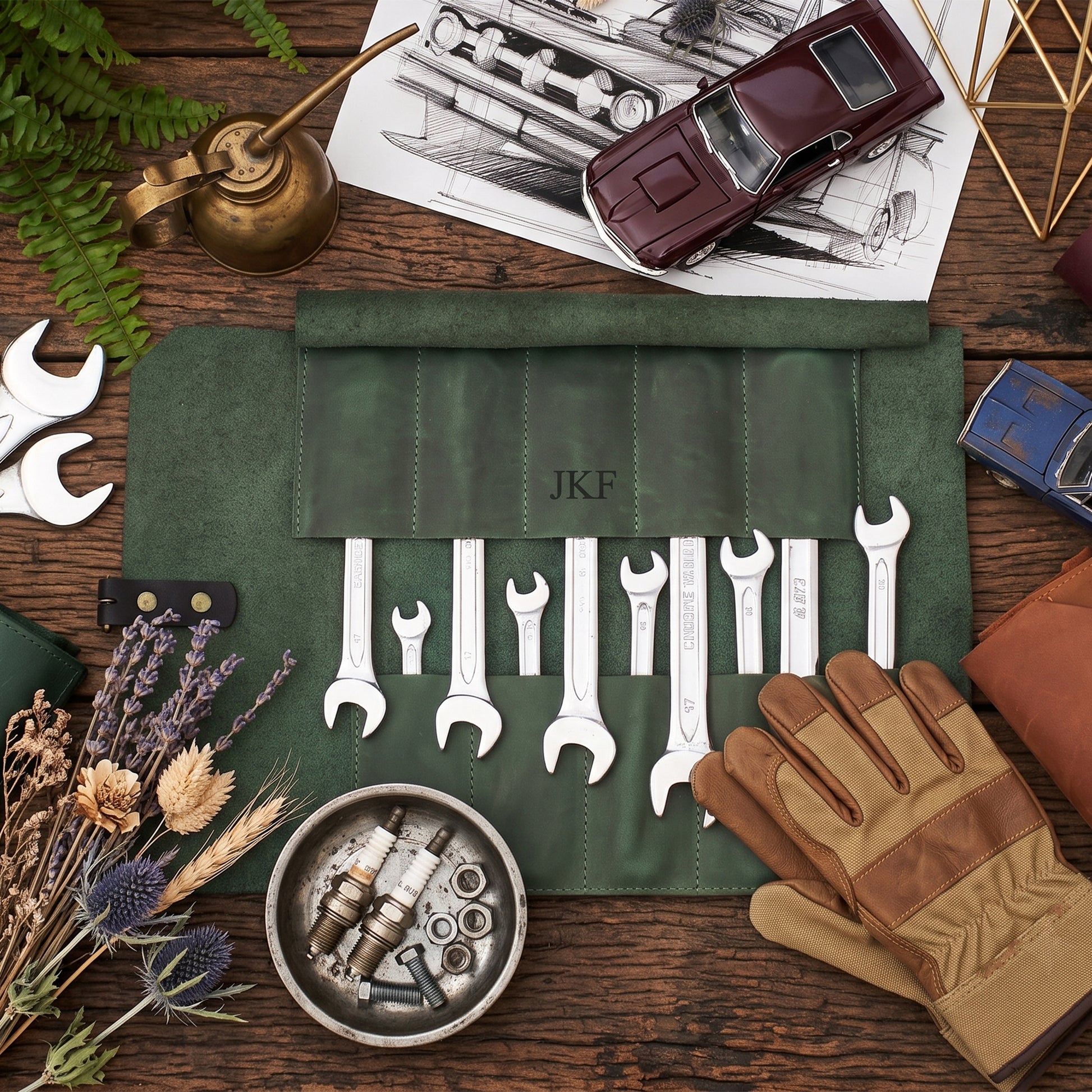 A green canvas wrench roll laid flat on a wooden surface, holding several silver wrenches. A pair of tan leather work gloves rests on the right side, and the roll is styled with tools and props including a brass oil can, wrenches, a metal container of small parts, dried flowers, and toy cars.
