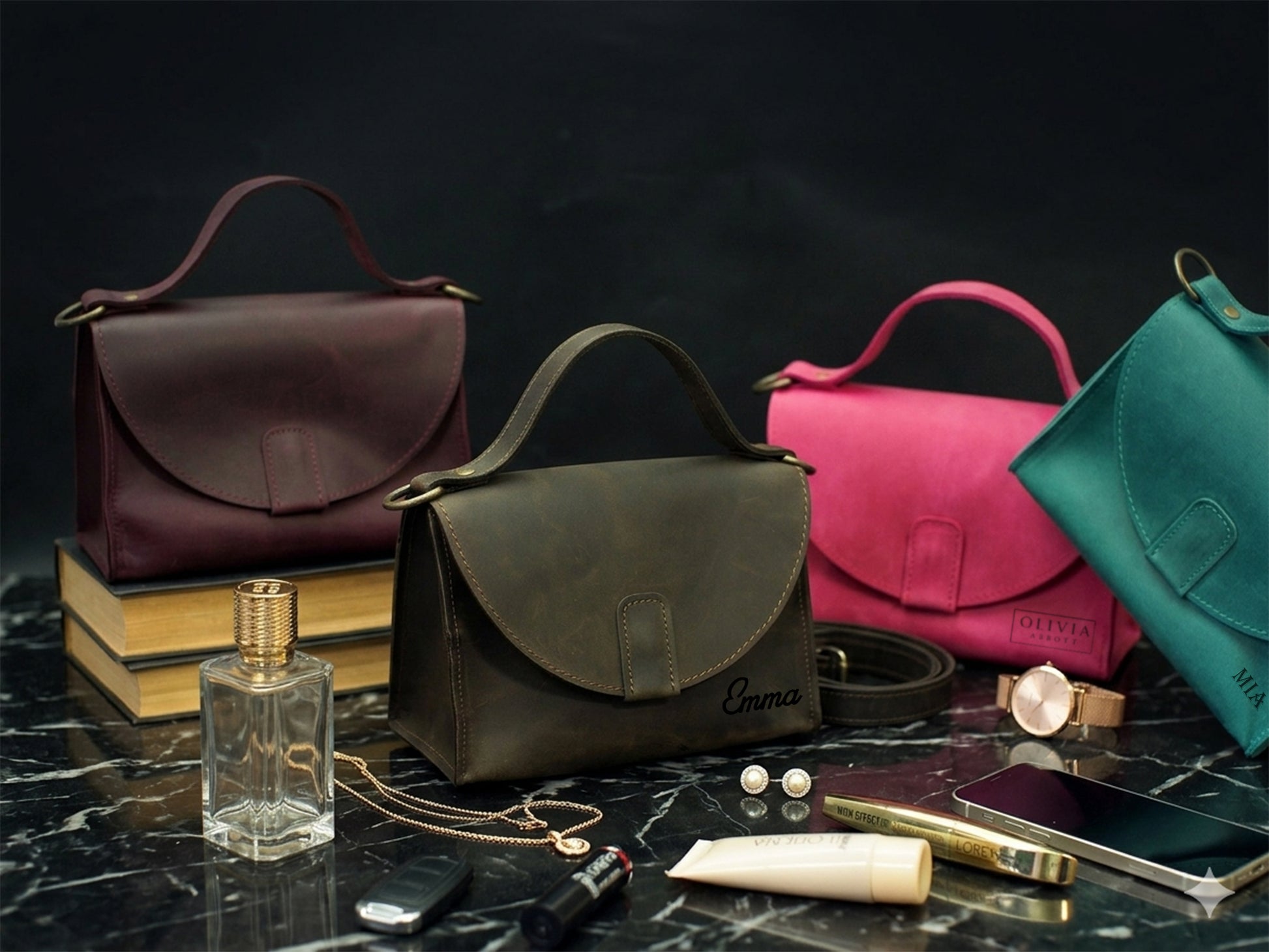 Leather handbag color options – brown and tan, handcrafted