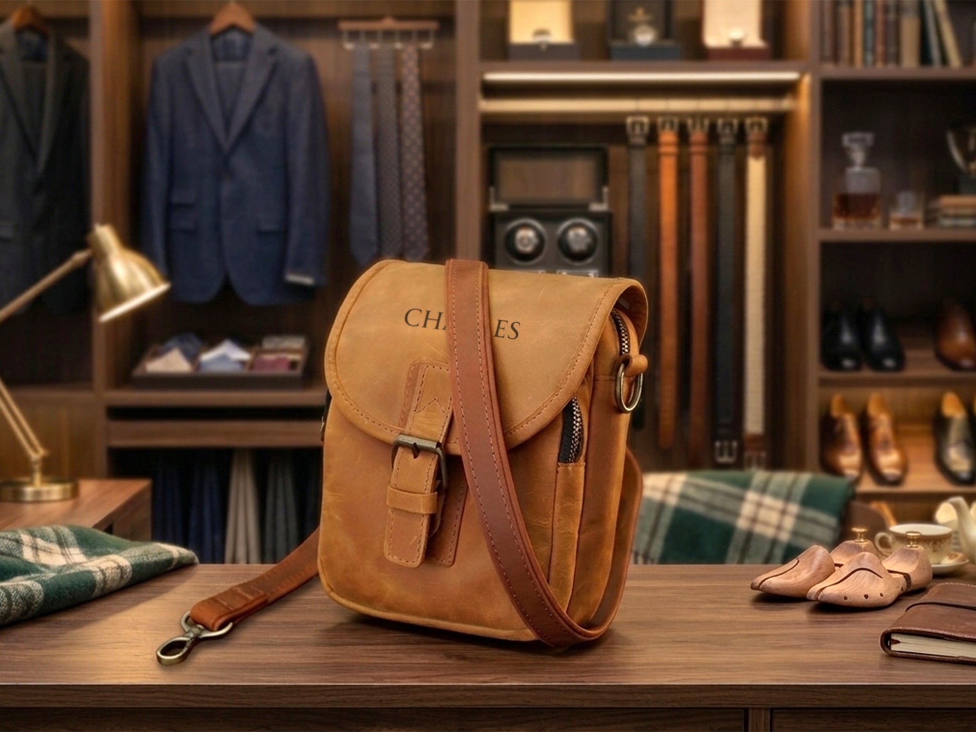 Brown leather bag on a wooden table with a background of clothing and shoes.