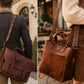 Two views of a brown leather bag with patterned strap worn by a person outdoors.