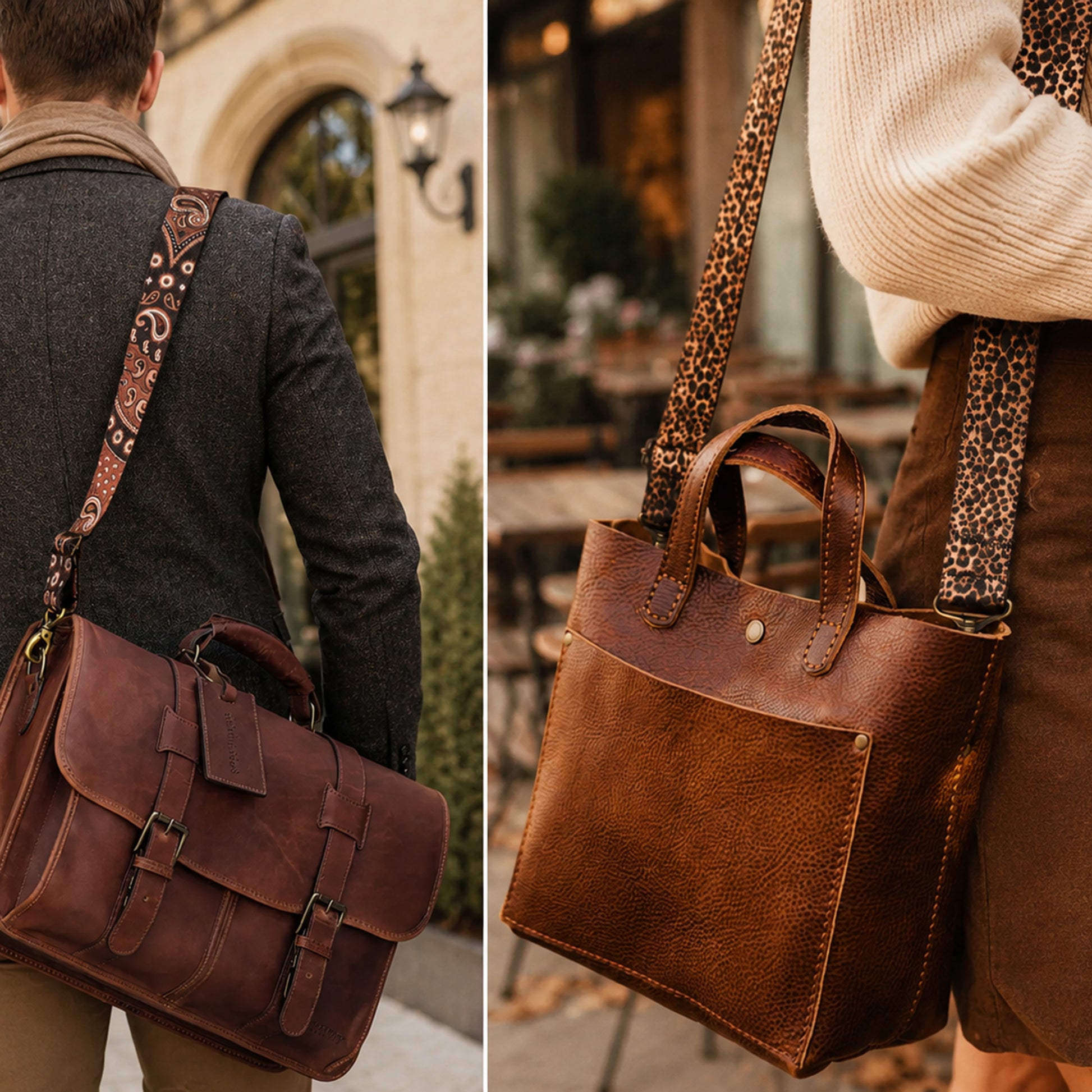 Two views of a brown leather bag with patterned strap worn by a person outdoors.
