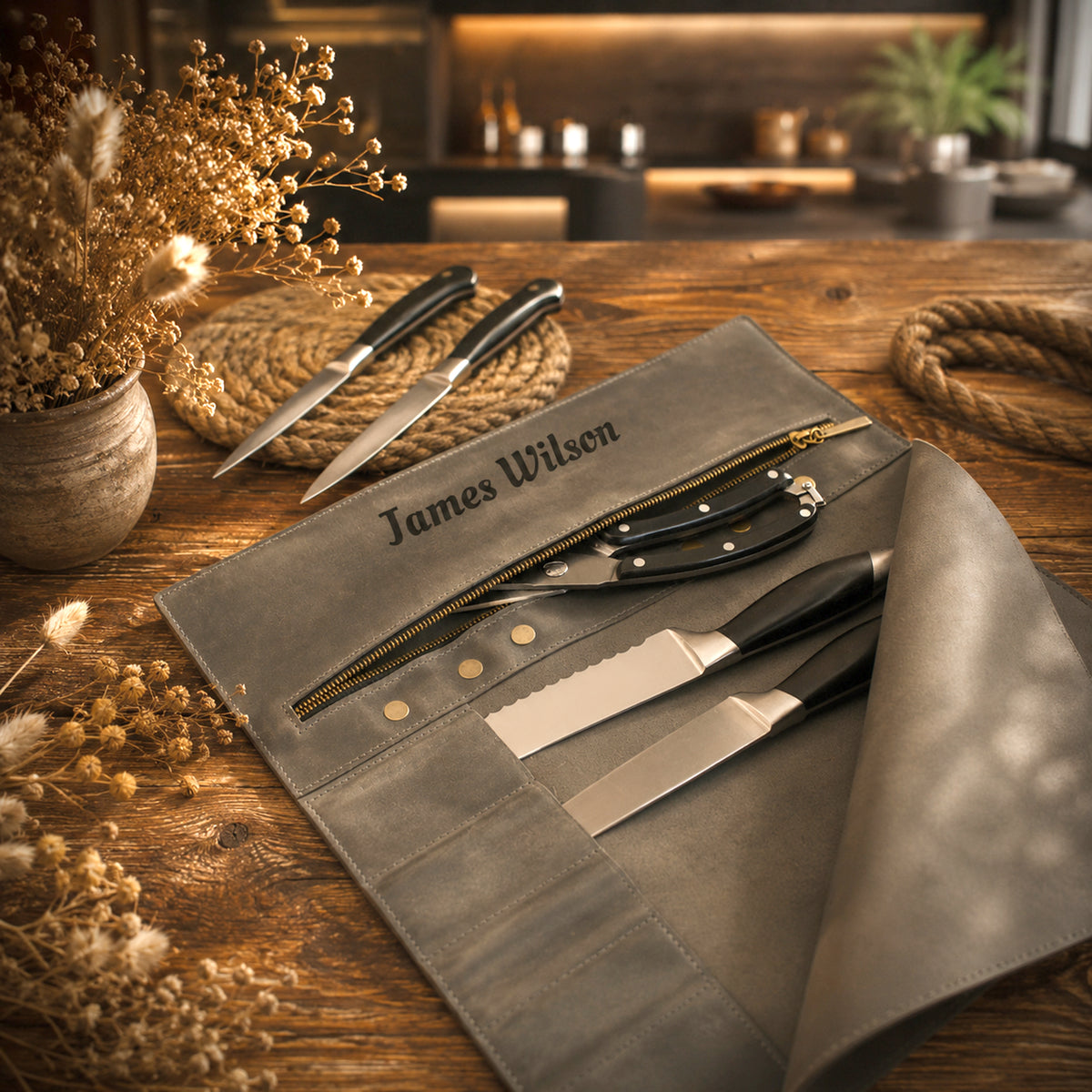 A personalized gray leather knife roll on a rustic wooden table, containing several kitchen knives and scissors, with dried flowers and a rope in the background.