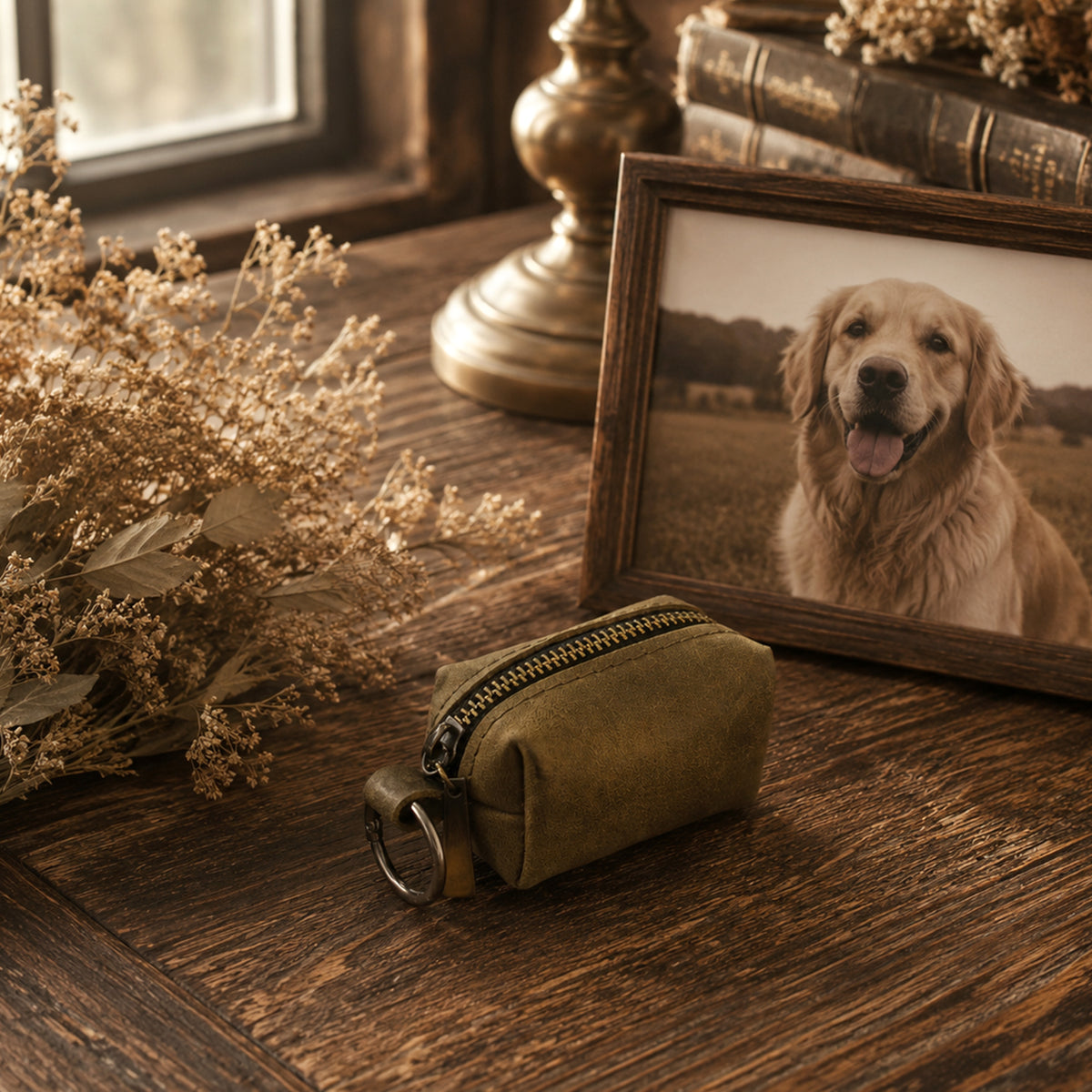 A small olive green canvas zipper pouch with a brass key ring, styled on a rustic wooden table next to a framed photo of a golden retriever, with dried flowers and books in the background.