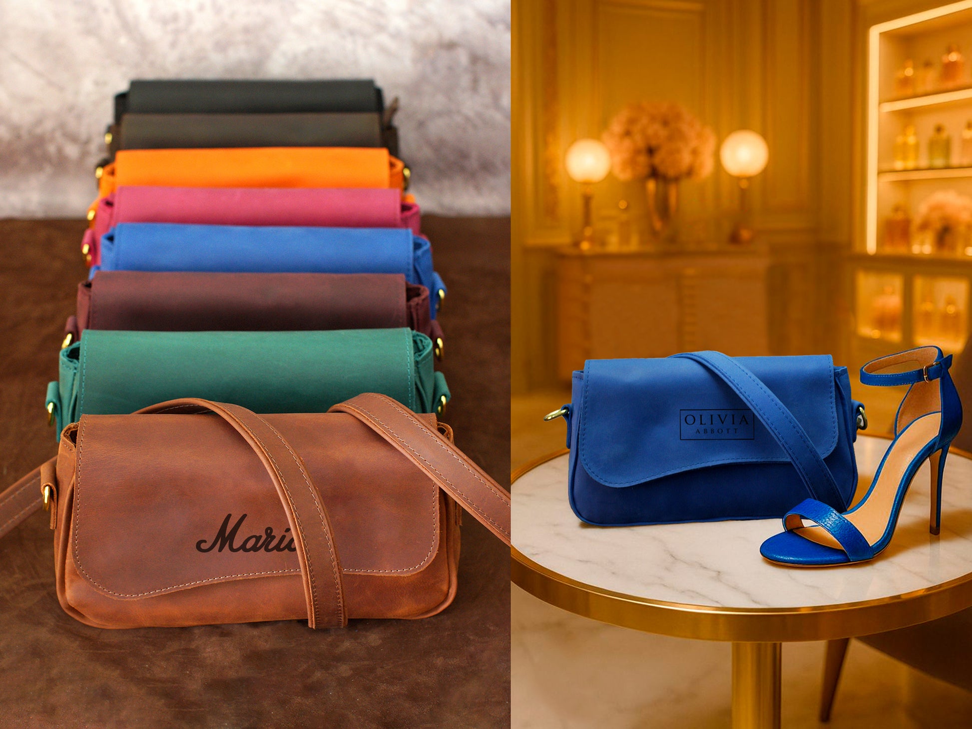 Colorful handbags stacked and a blue handbag with matching sandal on a table.