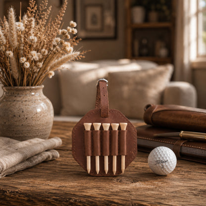 A brown leather golf tee holder with six wooden tees, styled on a rustic wooden table next to a white Titleist golf ball, with a blurred cozy living room background.